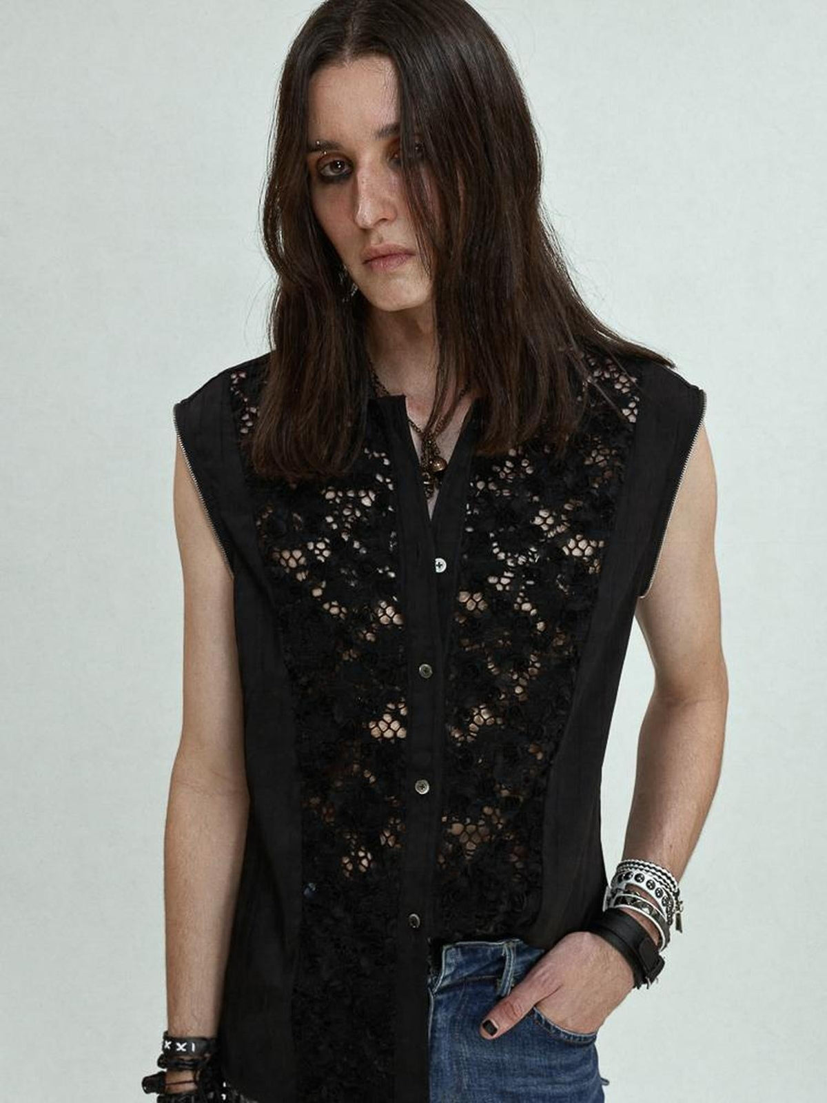 Wrinkle Free Satin Square Neck Rock Chic Women Evening Zip Pleated Shimmer Shirt