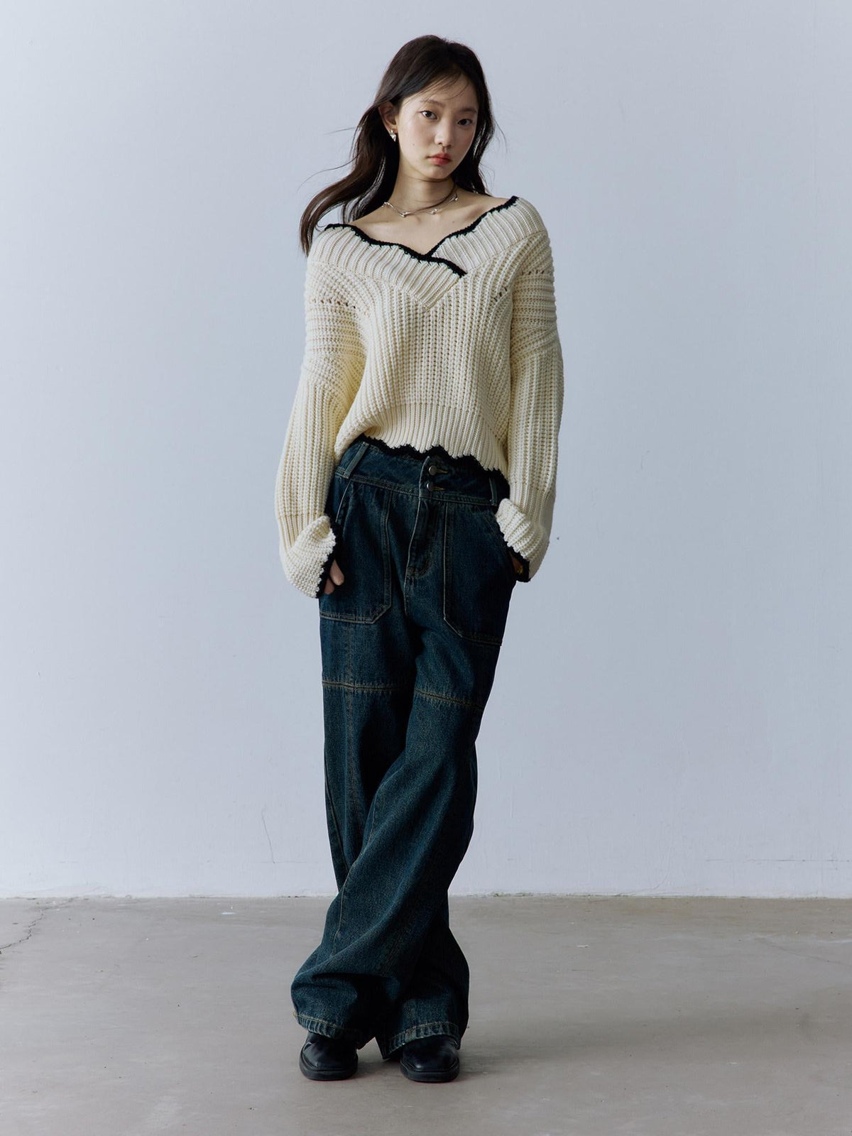 Cozy V-ceck Oversized Color Block Knit For Women Citywalk Long Sleeve Sweater