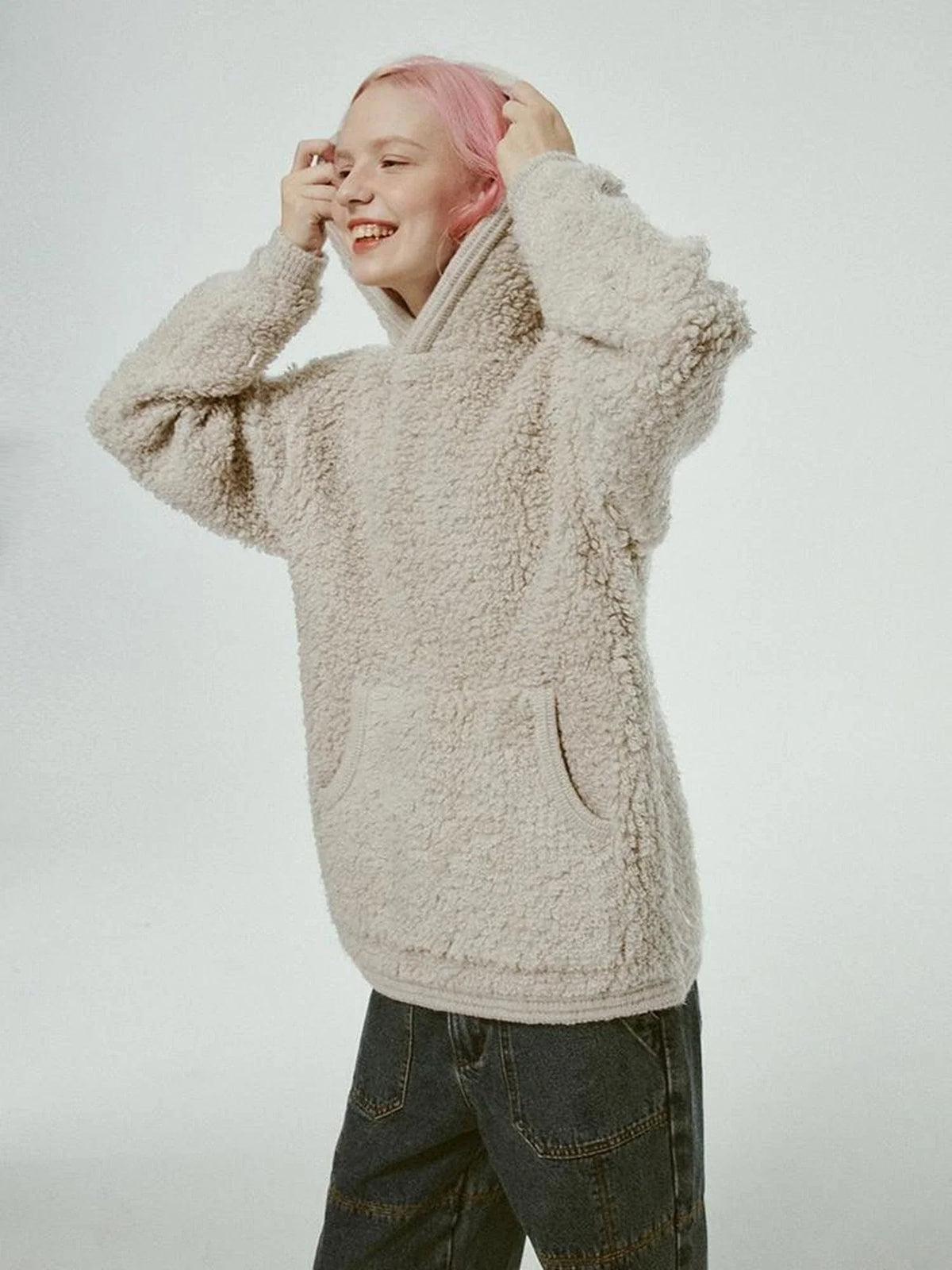 Gray White Wool Blend Fleece Hoodie