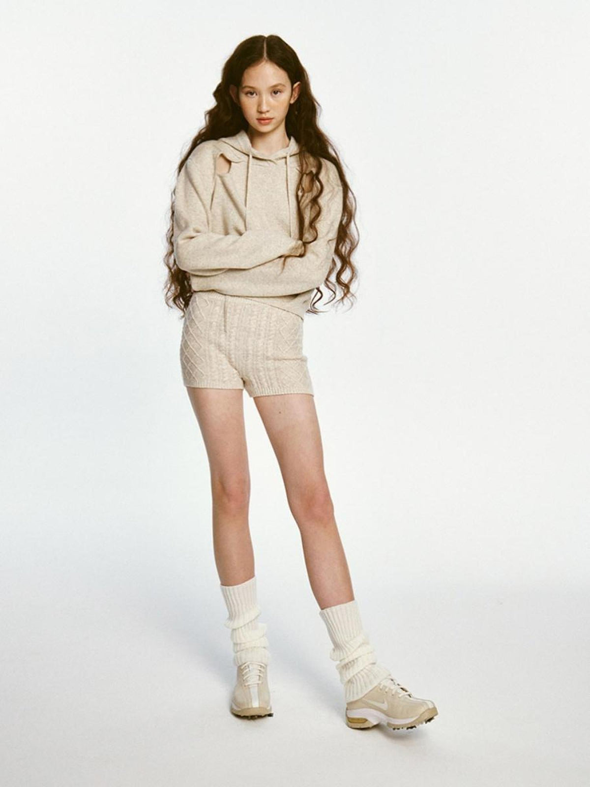 Oatmeal Lamb Wool Sporty Hoodie And Shorts Set