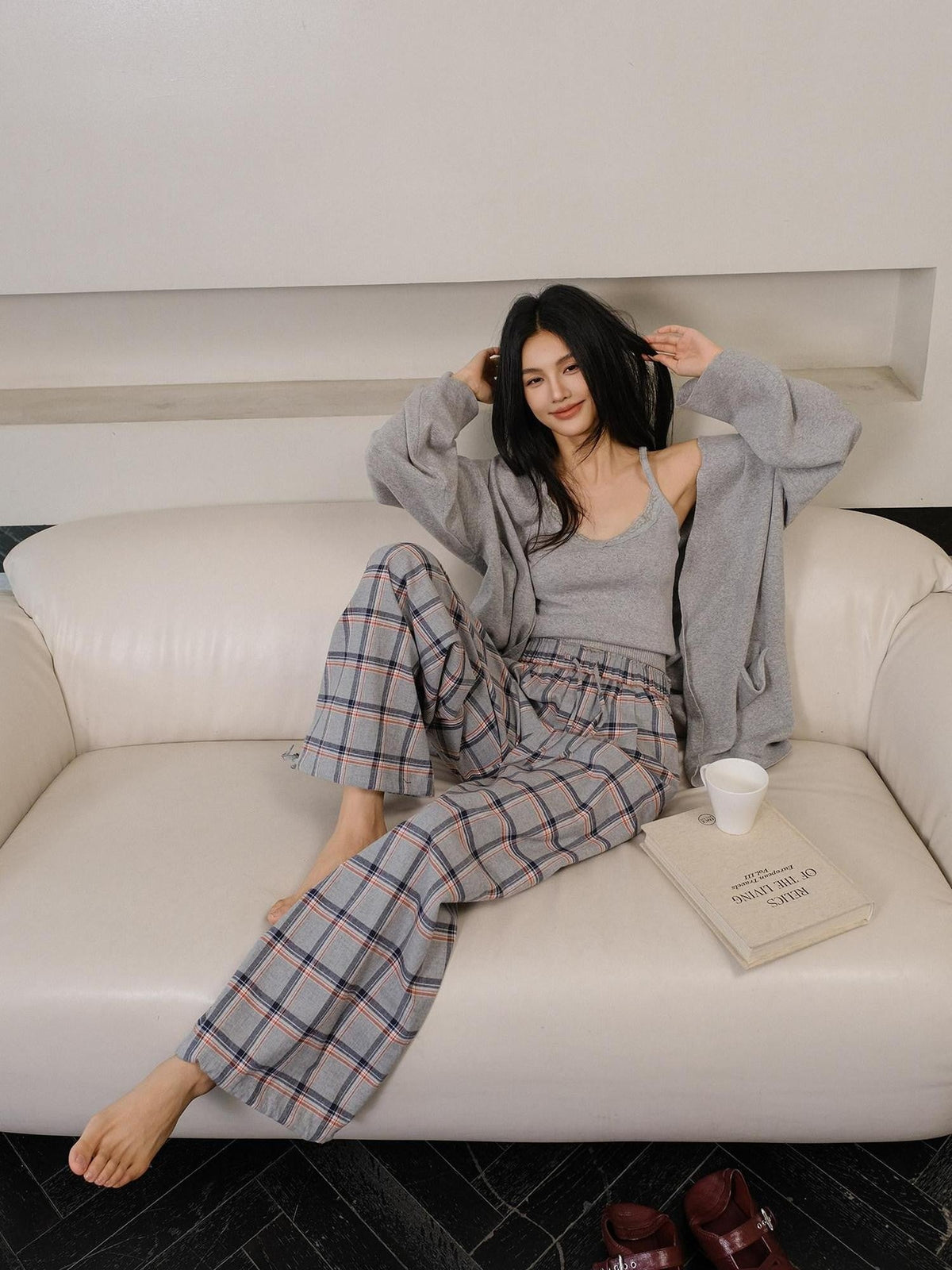 Blue Contrast Plaid Drawstring High Waist Vintage Women'S Cotton Wide-Leg Pants