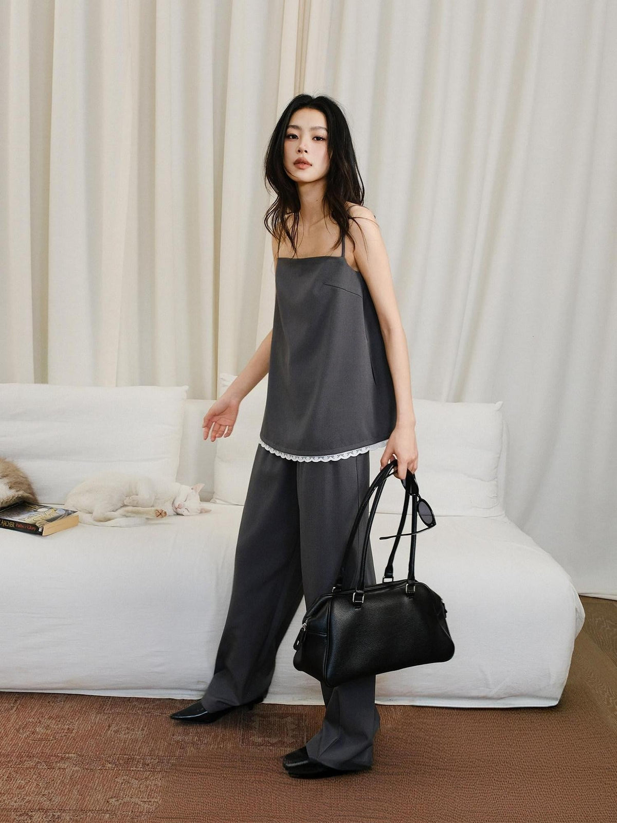 Chic Lace Panel Spliced Camisole Tailored Women'S Wide-Leg Pants