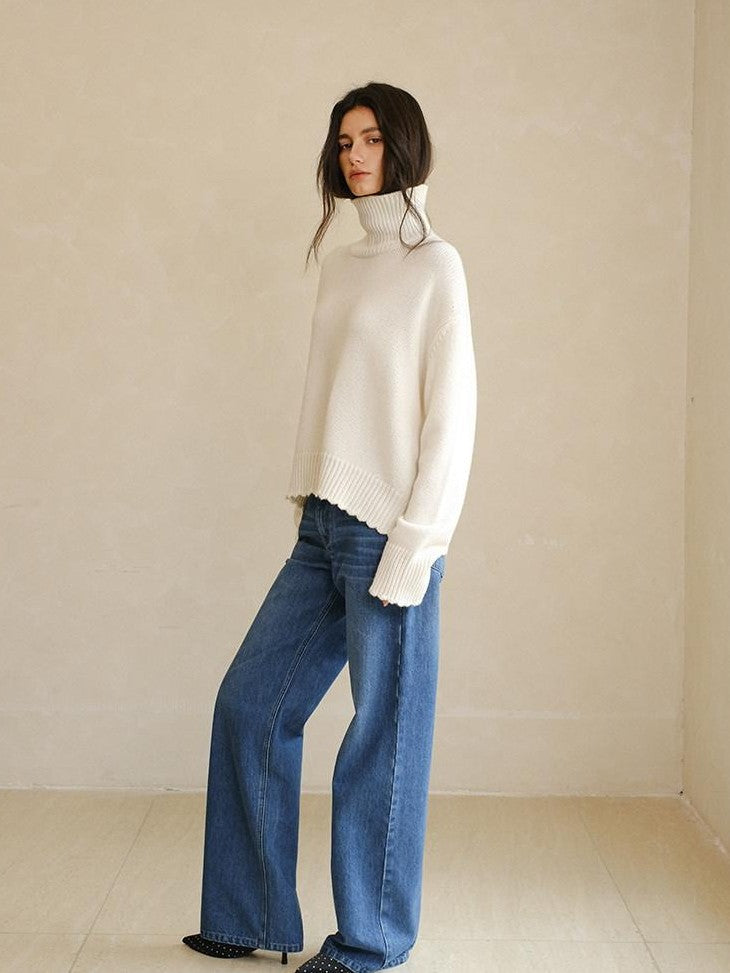 Colorblock Lace Trim Oversized Women's Wool Cashmere Turtleneck Sweaters