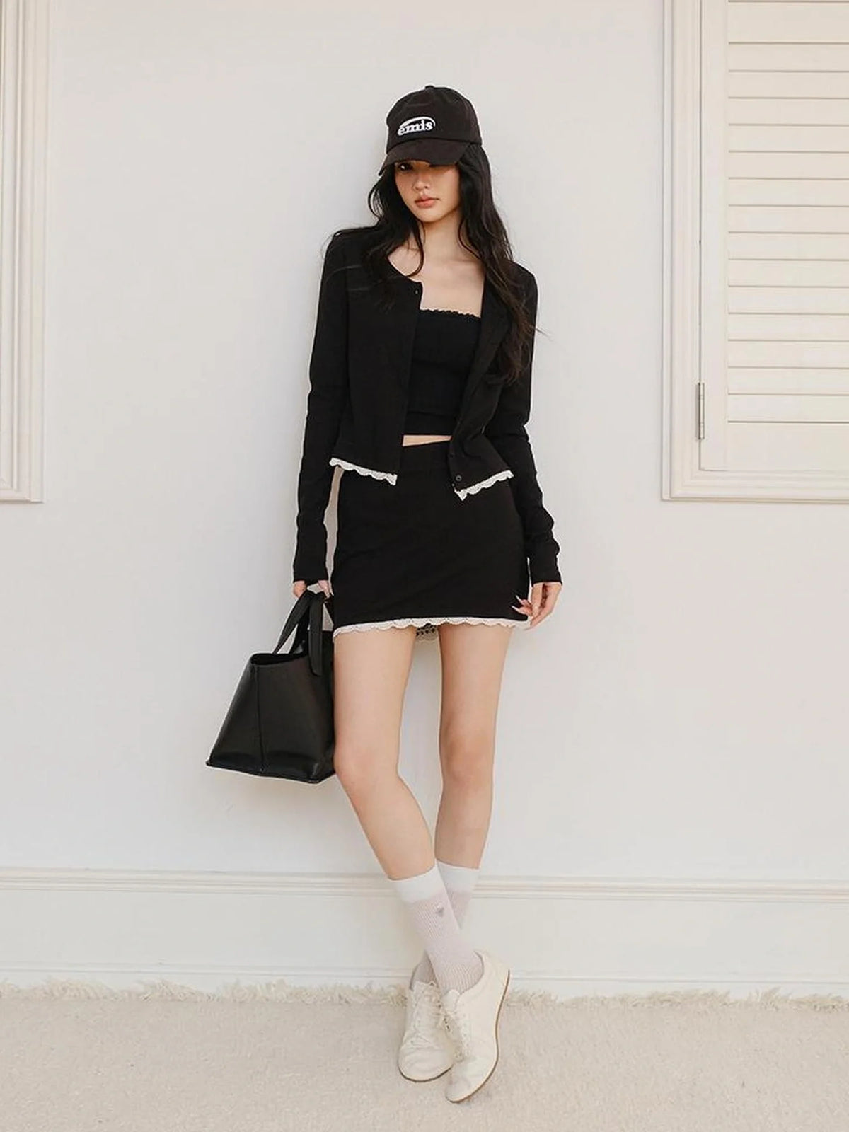 French Trim Knit Set V-neck T-shirt Long Sleeve