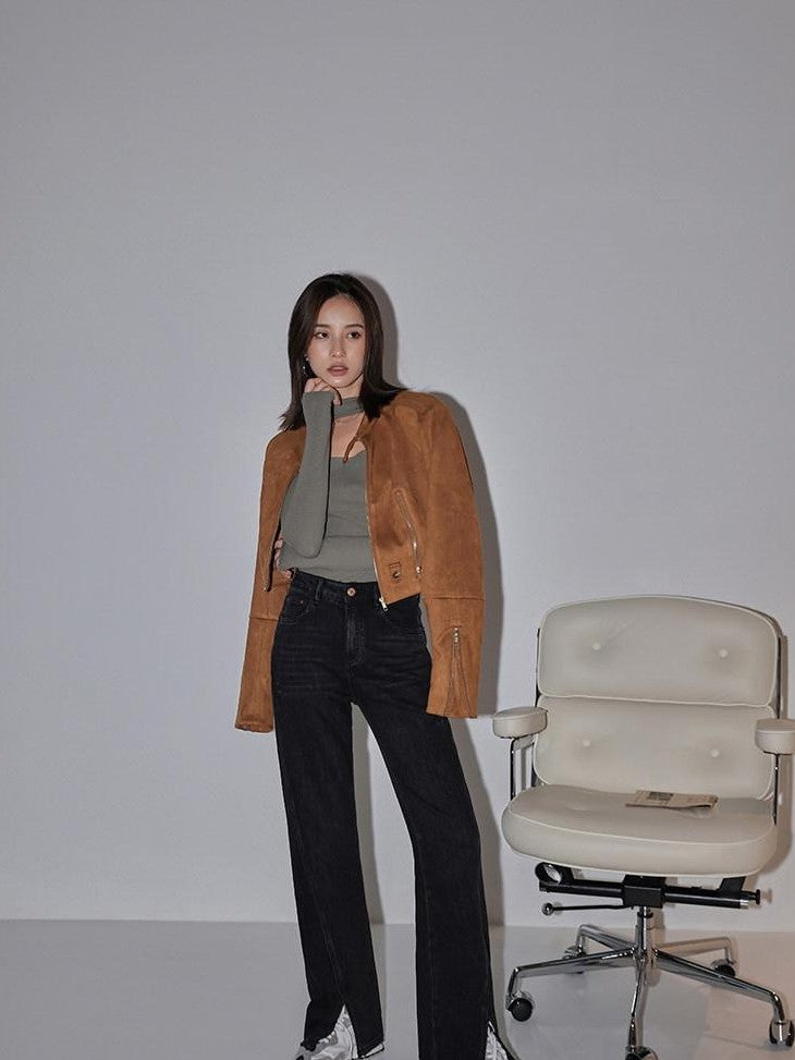 Short Cropped Slim Fitted Women's Suede Velvet Leather Jackets