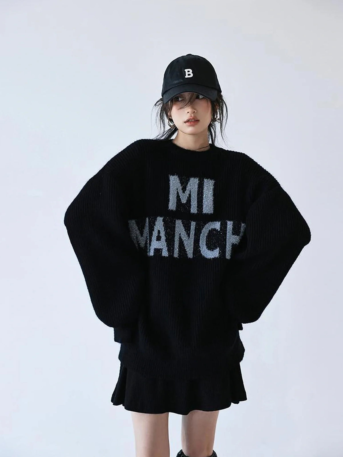 Sparkle Letter Mohair Sweater V-neck Long Sleeve T-shirt
