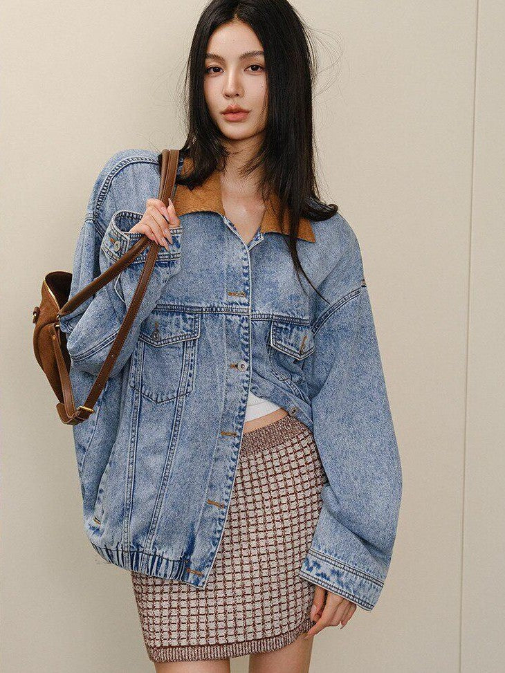 Vintage Colorblock Oversized Women's Lyocell Cotton Denim Jackets