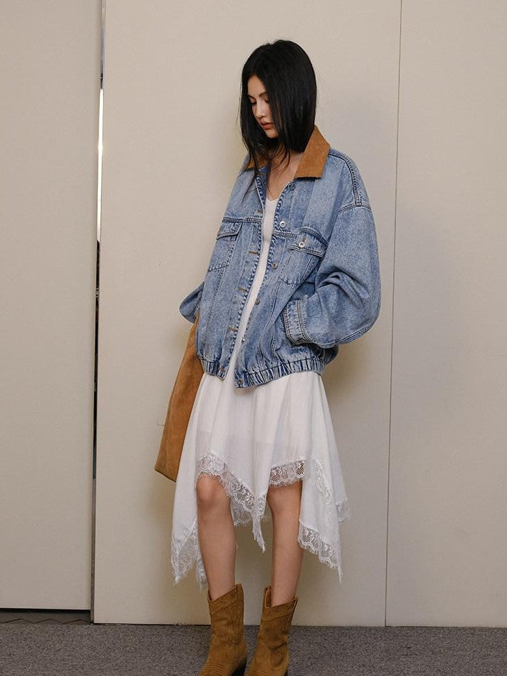Vintage Colorblock Oversized Women's Lyocell Cotton Denim Jackets