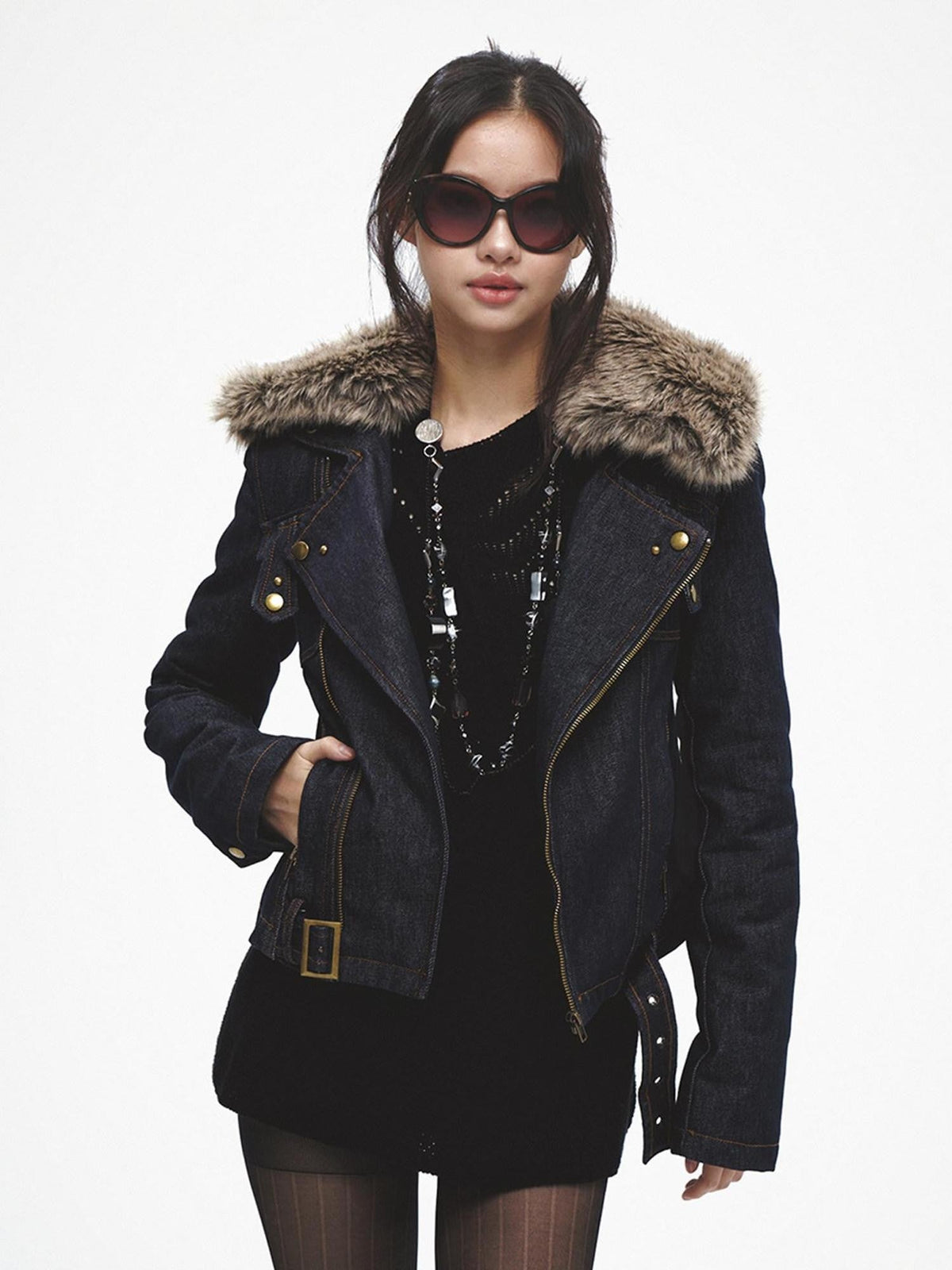 Detachable Fur Collar Deconstructed Zipper Women's Polyester Leather Jackets