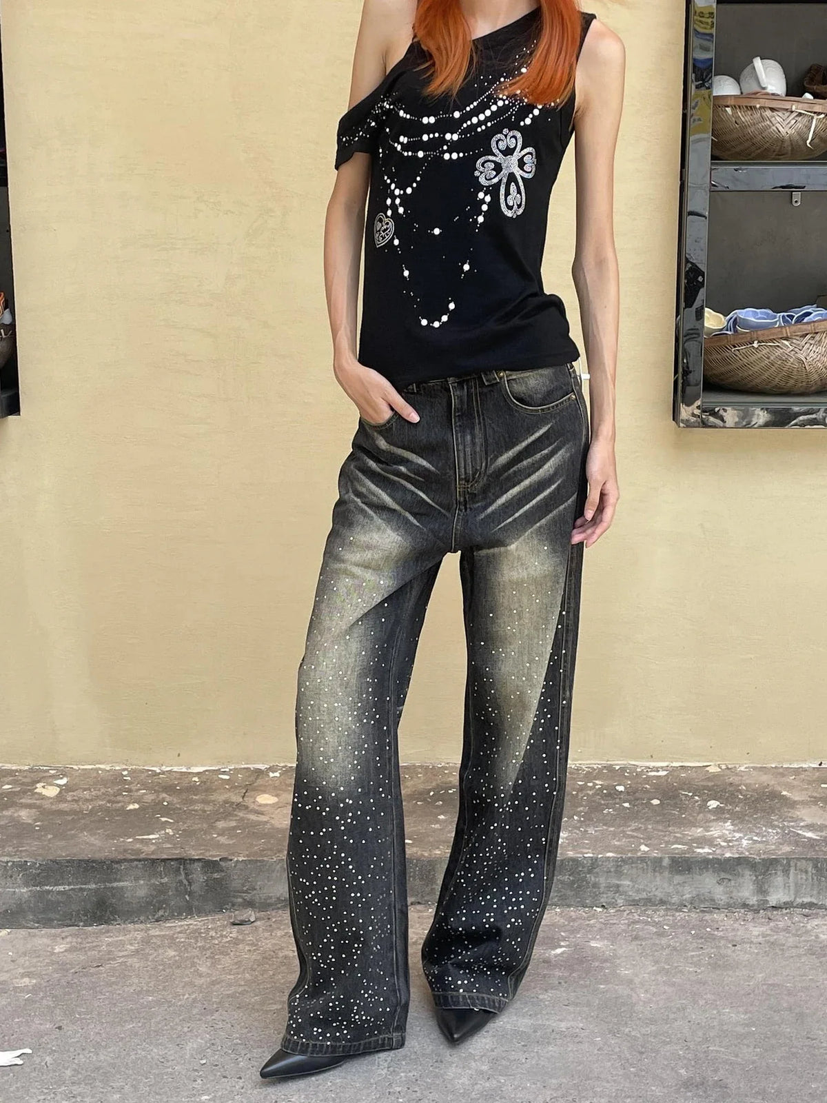 Faychui Embroidered Rhinestone Flared Jeans