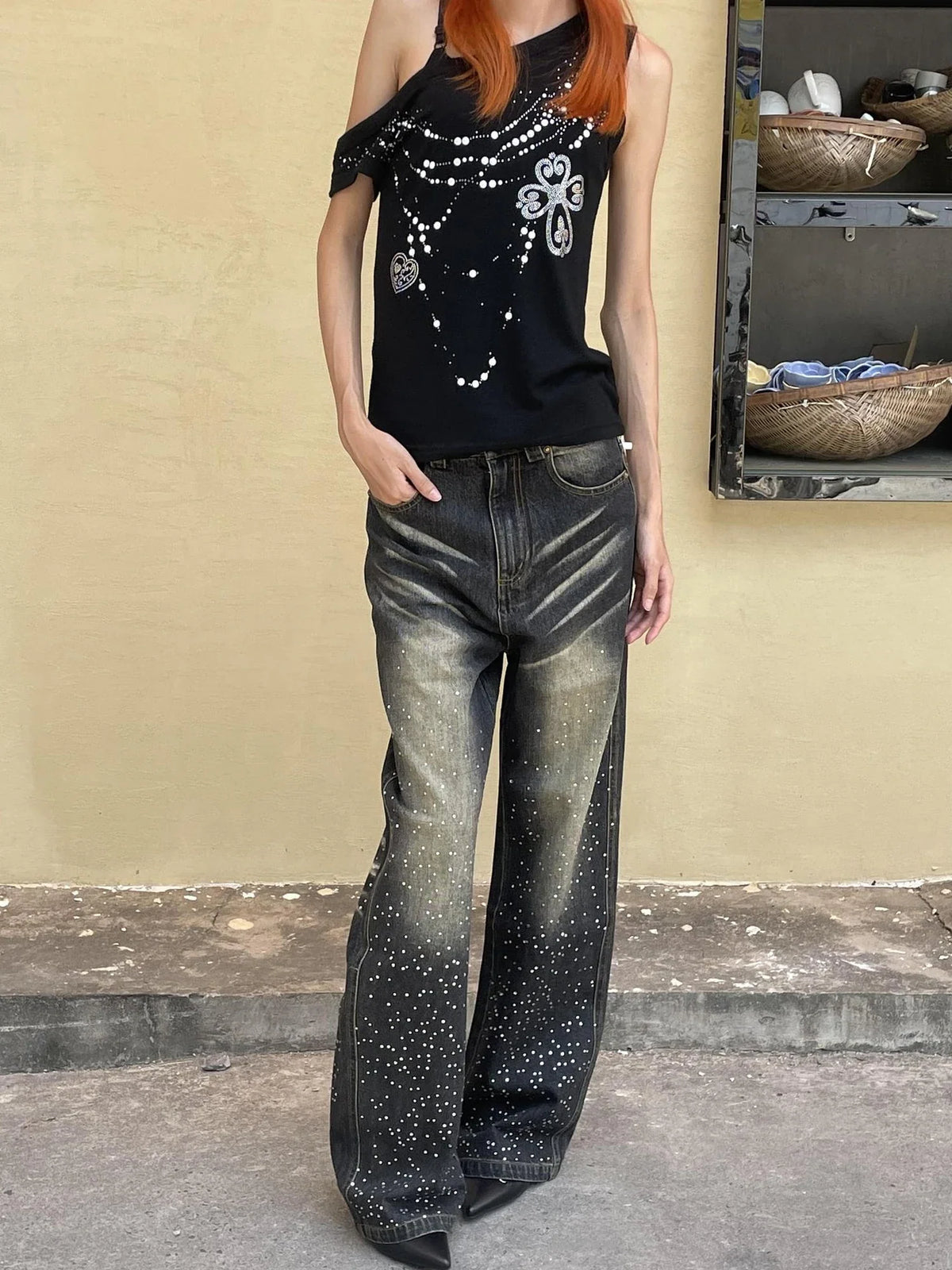 Faychui Embroidered Rhinestone Flared Jeans