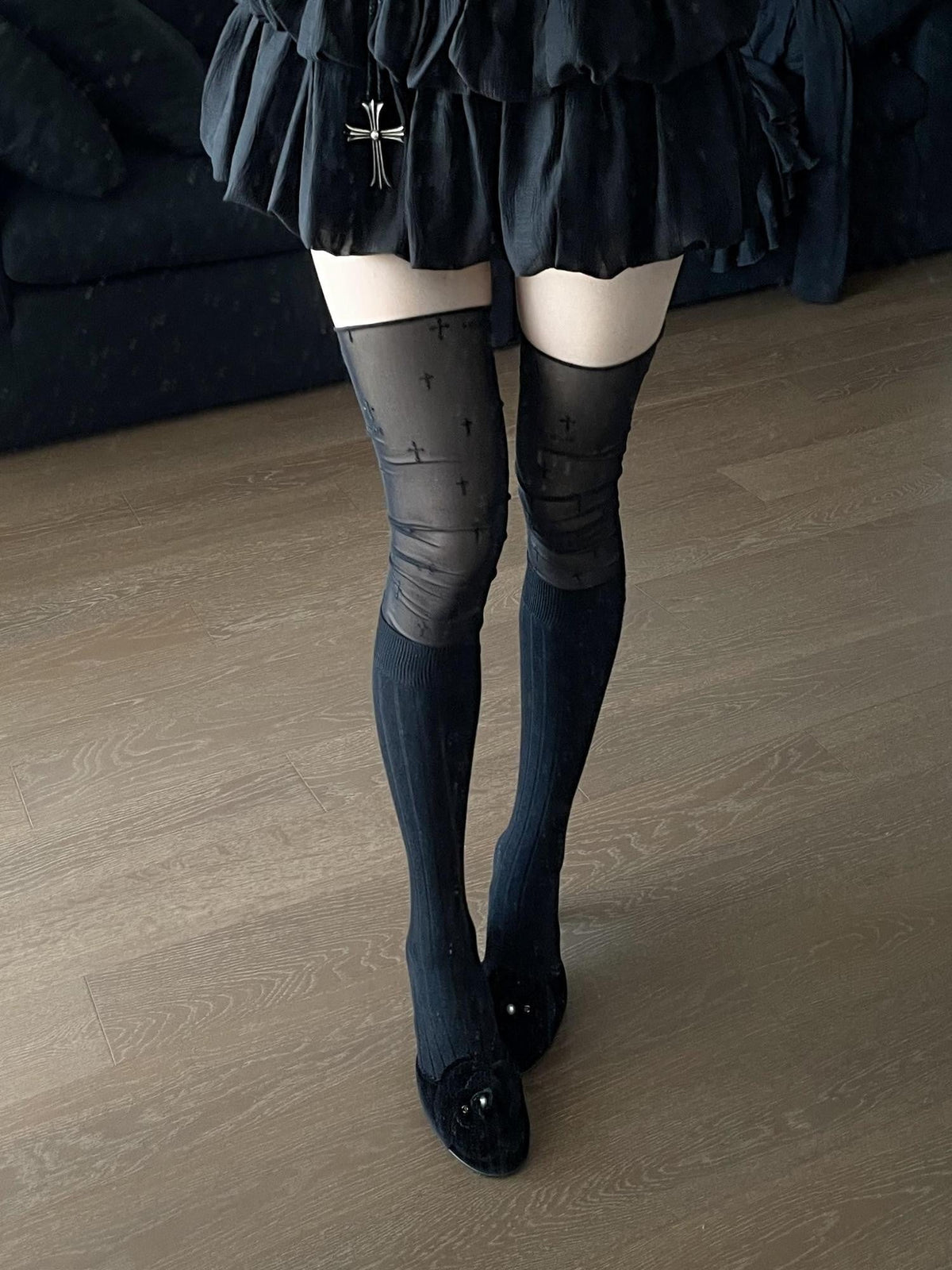 Cross Print Mesh Panel Women's Thigh-high Socks
