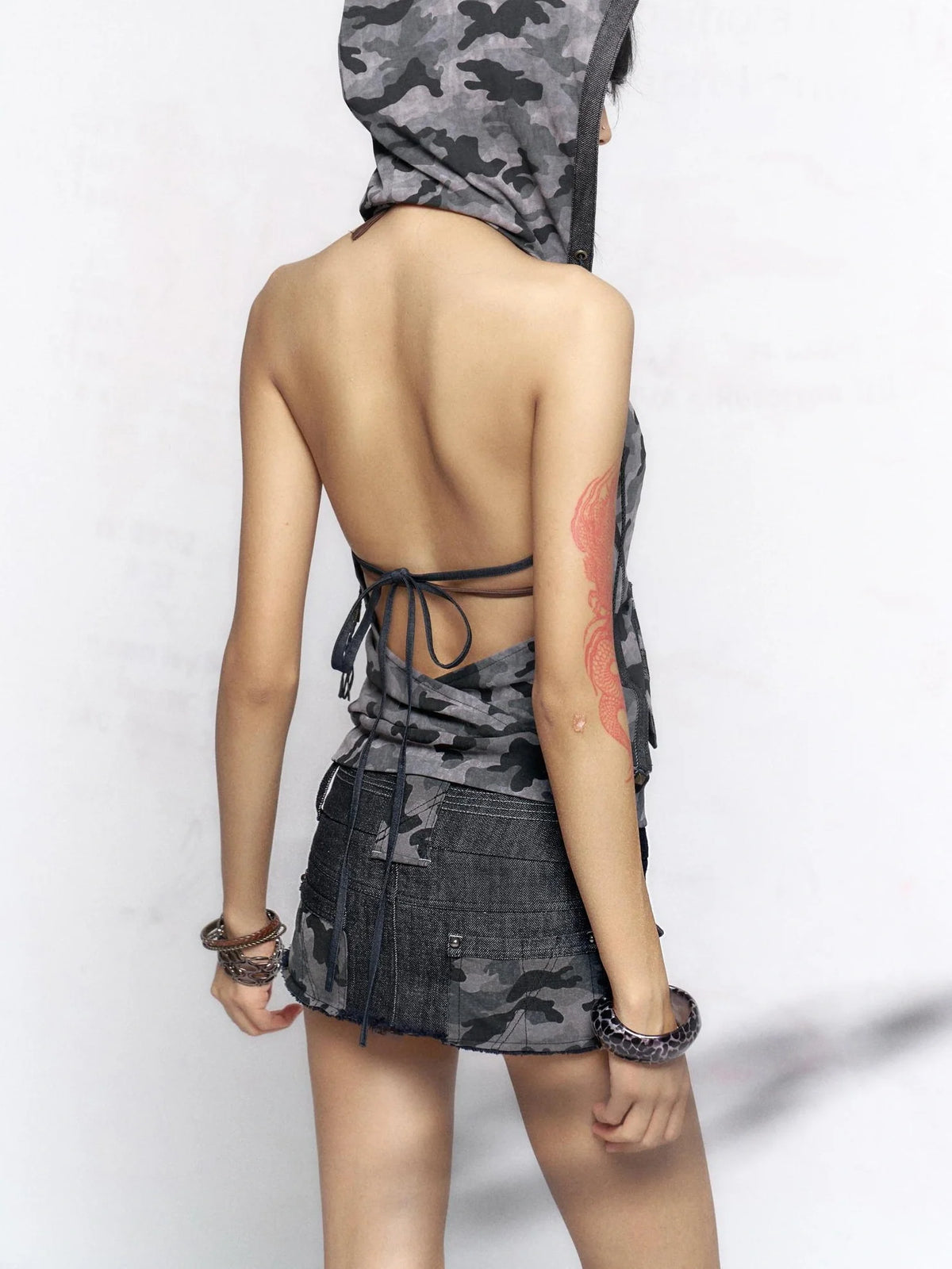 100 Percent Cotton Camo Patchwork Raw Hem Low Rise Slim Fit Vintage Mini Skirt