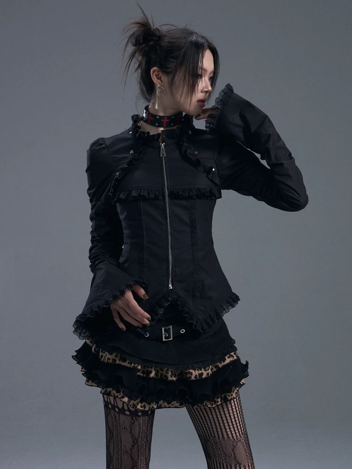 Dark Gothic Lace Trim Belted Bell Sleeve Shirt