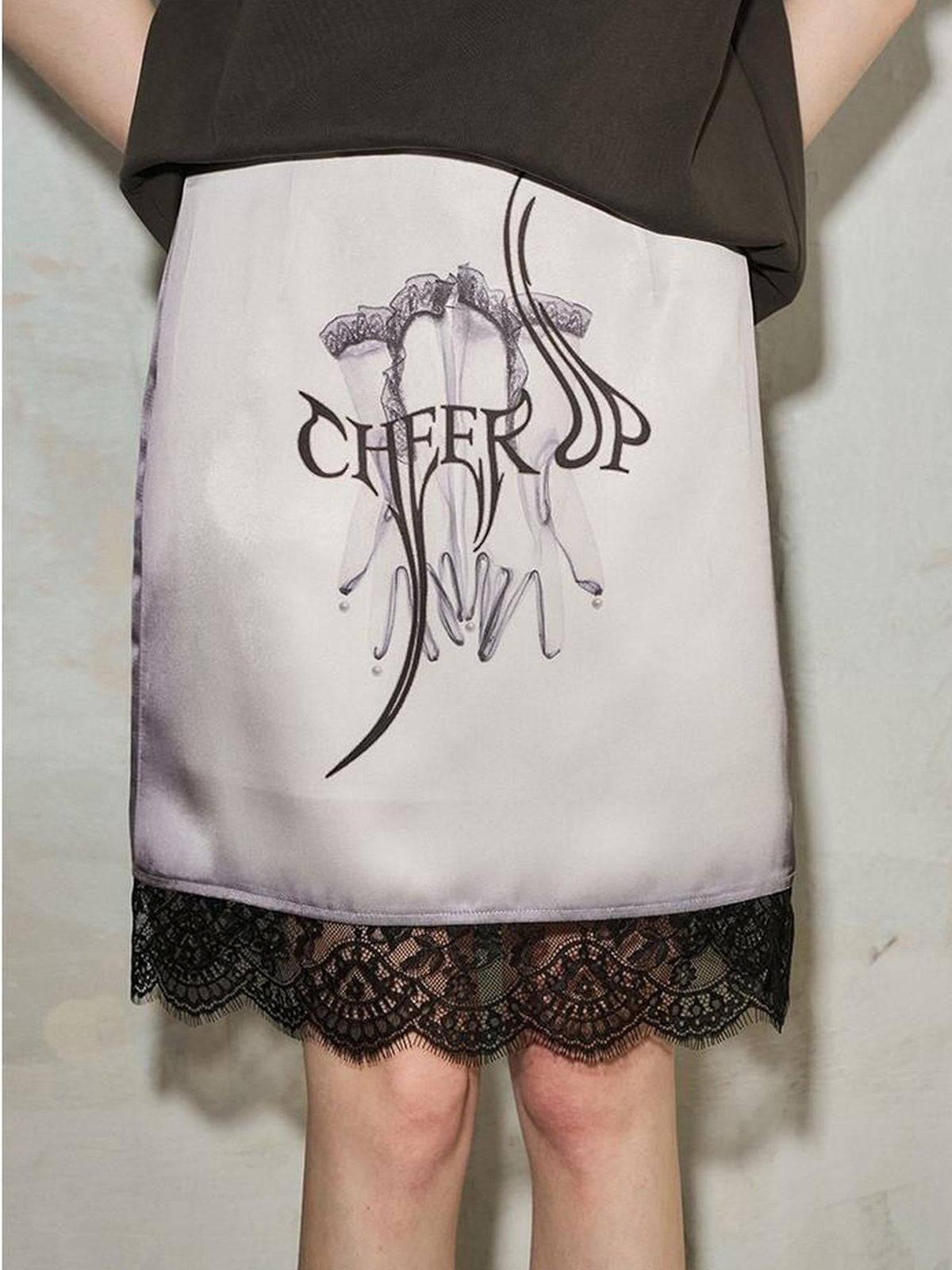 Gothic Glove Print Lace Satin Straight Mini Skirt