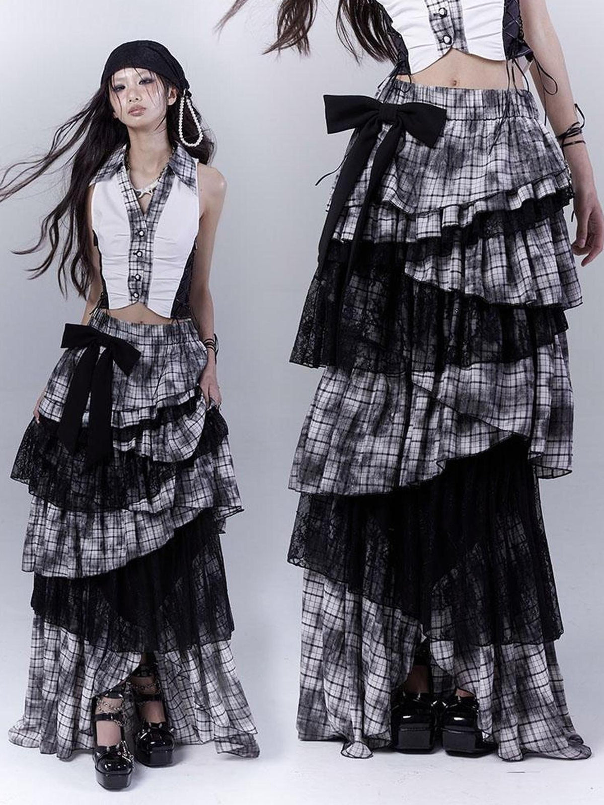 Gothic Lace Plaid Asymmetrical Cake Skirt