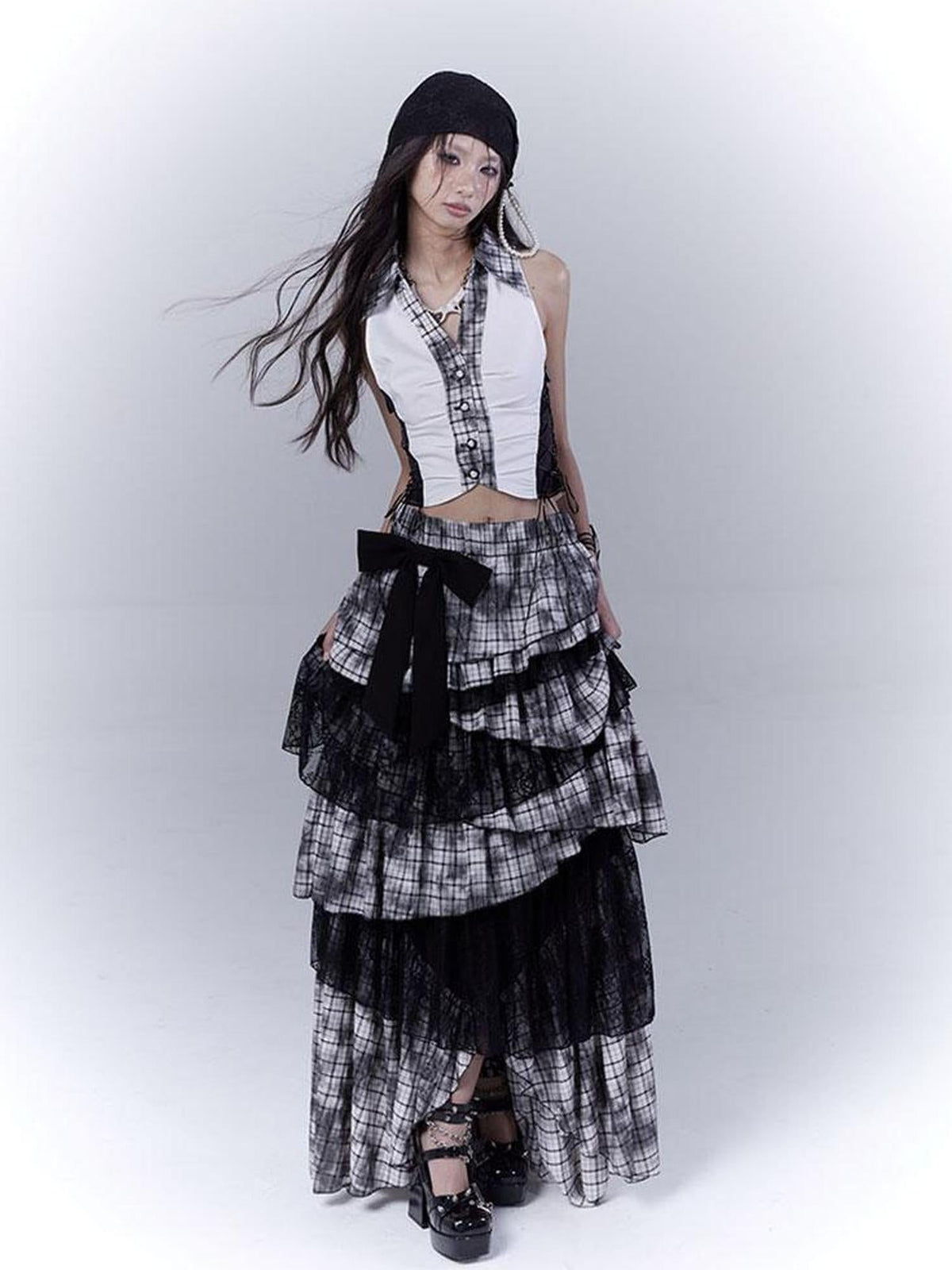 Gothic Lace Plaid Asymmetrical Cake Skirt