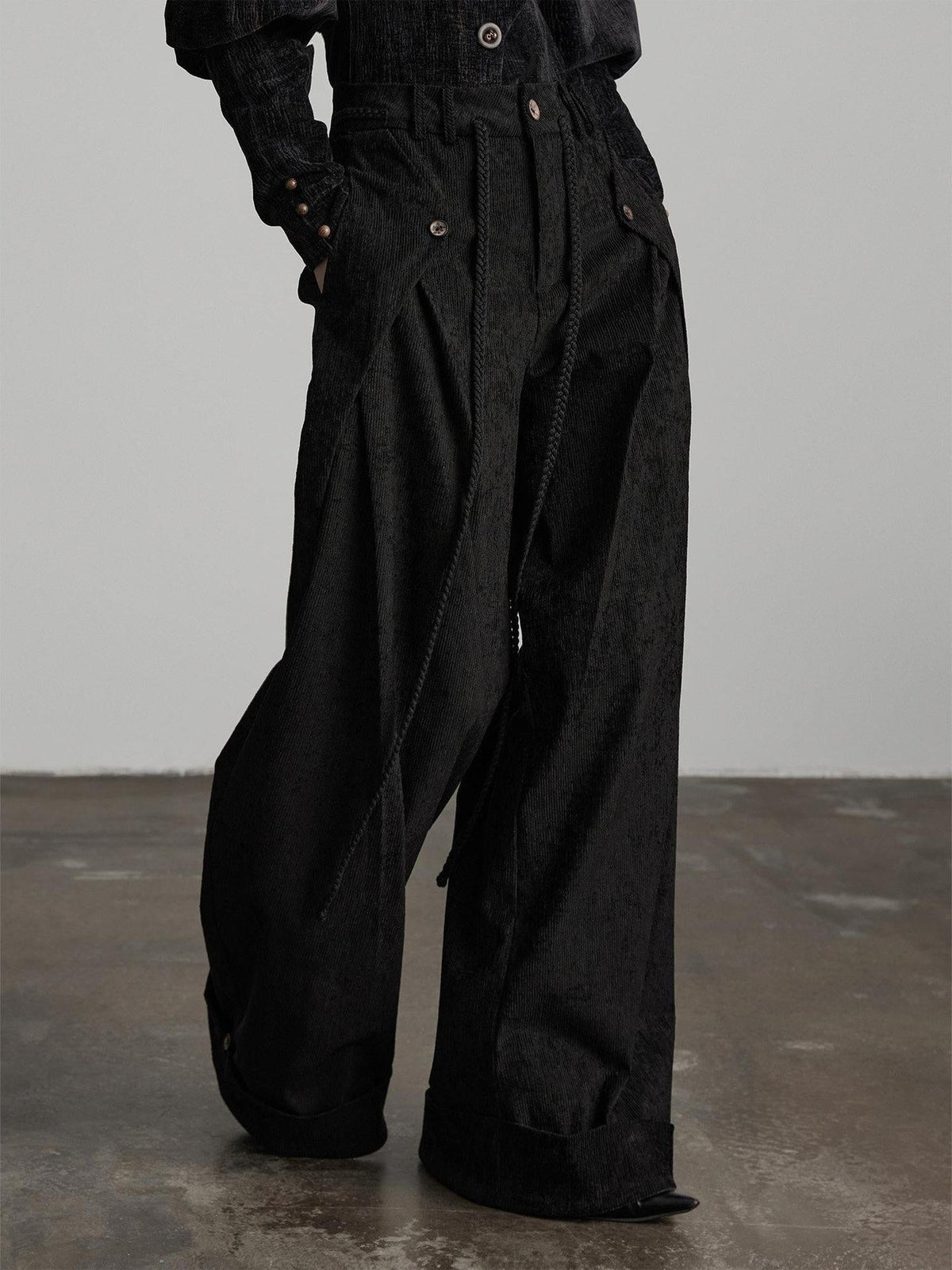 Dark Gothic Solid Black Natural Waist Button Fly Pockets Women Wide-Leg Pants