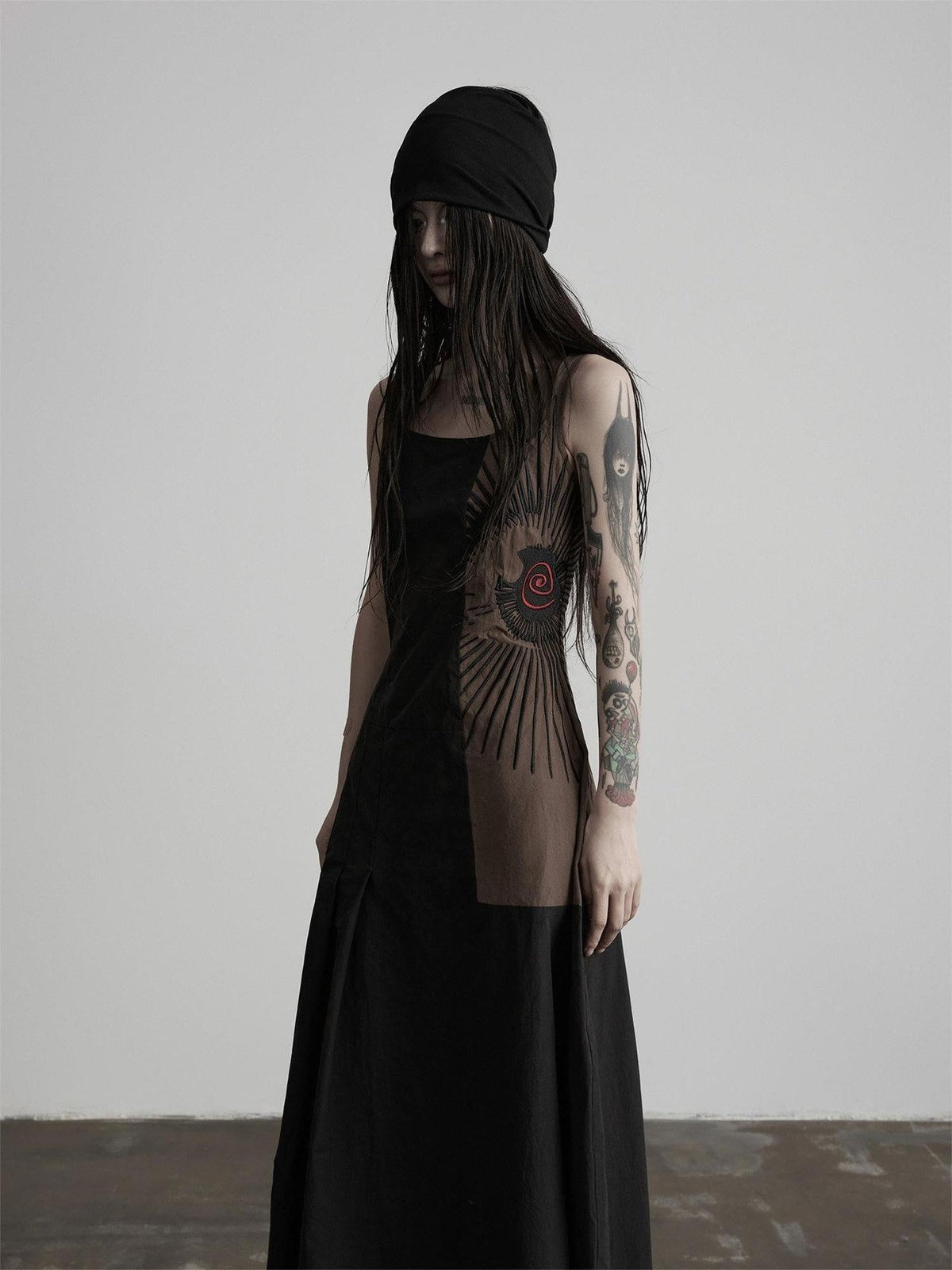 Soft Pima Cotton Dark Gothic Embroidered A Line Square Neck Casual Maxi Dresses