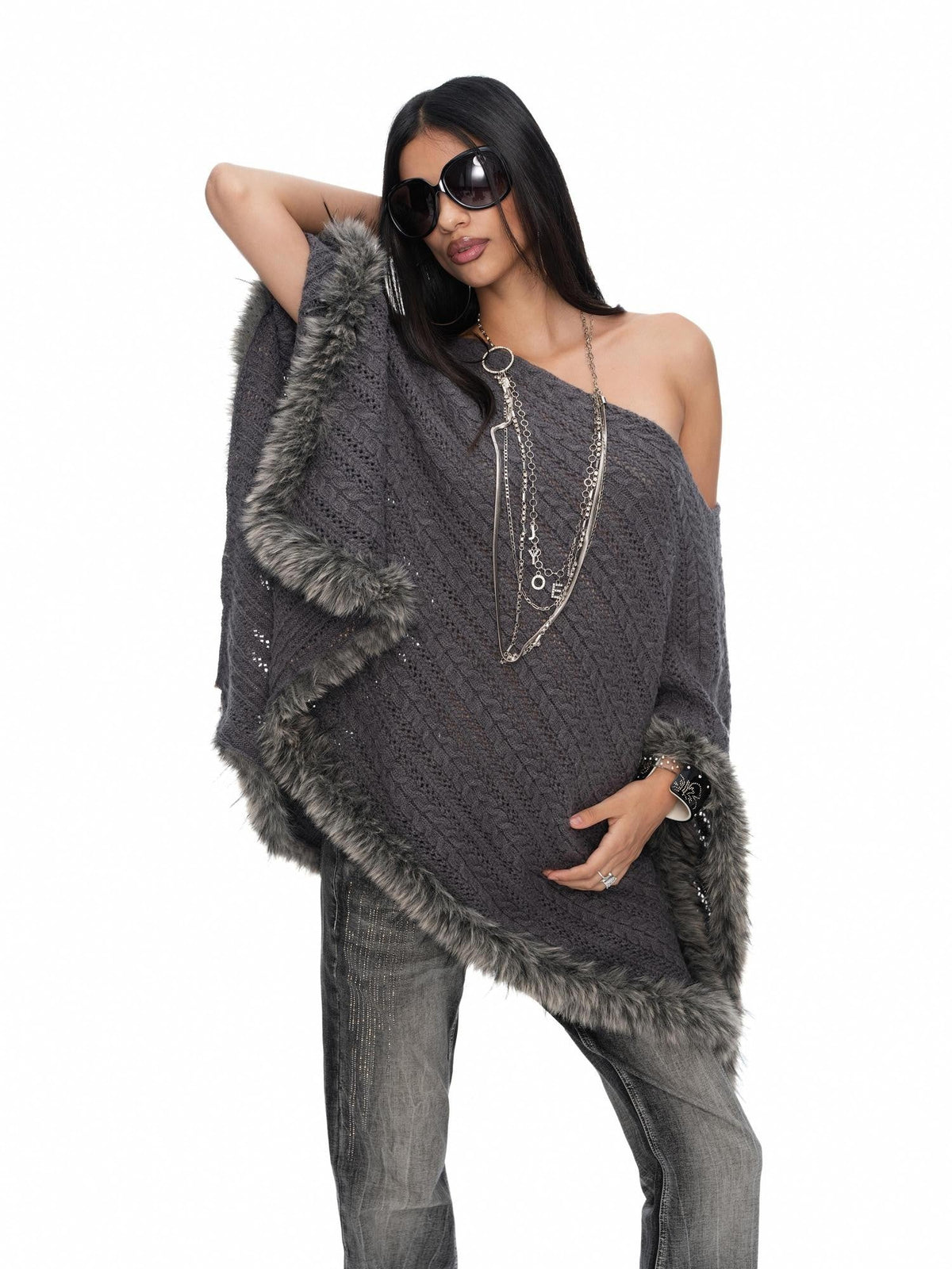 Asymmetric Hollow Out Merino Wool Women's Off-shoulder Sweaters