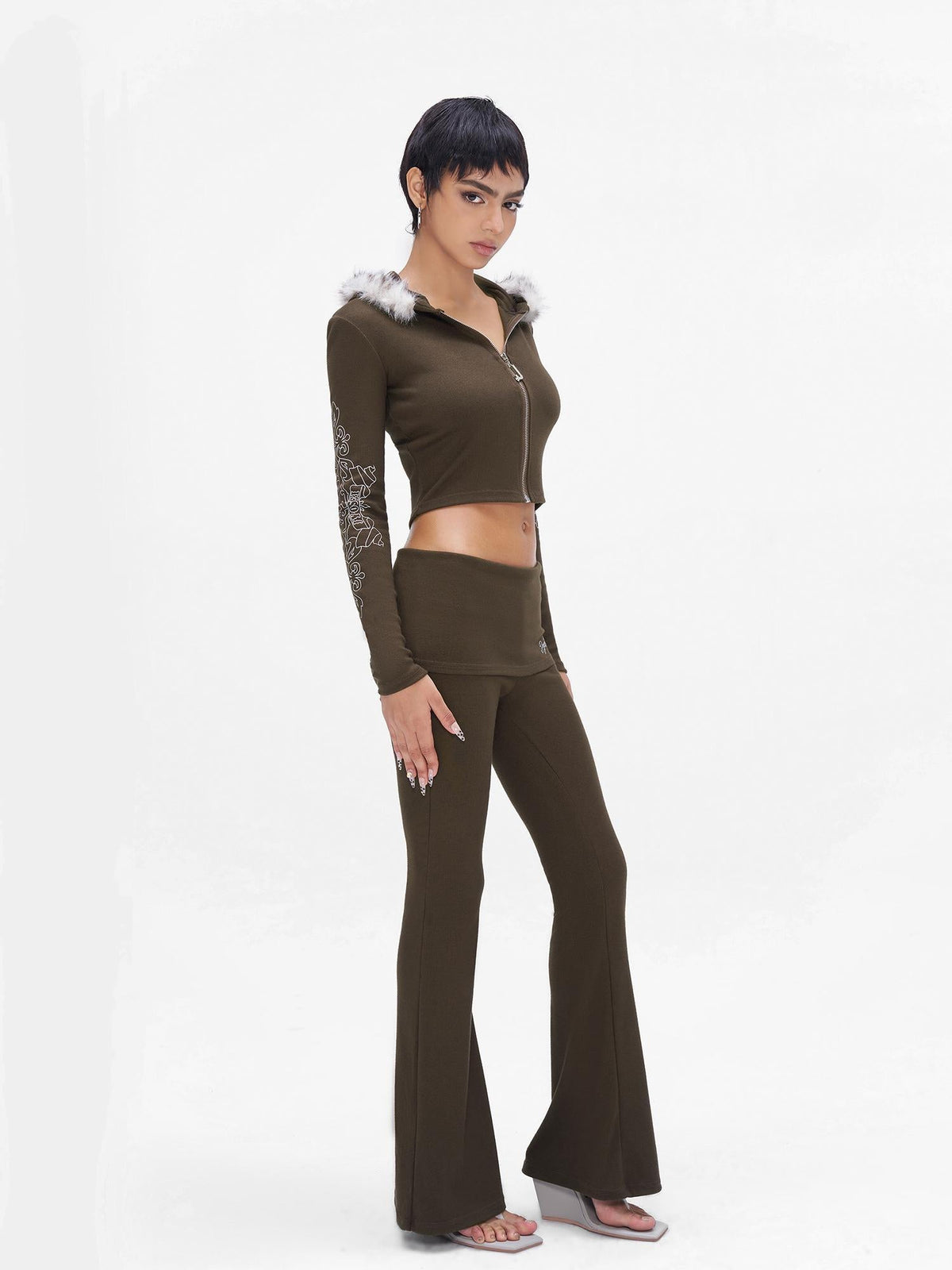 Knit Crop Top With Print Faux Fur Hood Flared Pants Set
