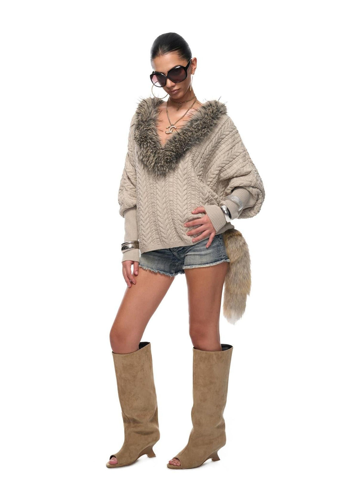 Soft Wool V-ceck Jacquard Ribbed Oversized Batwing Girls Silver Gray Sweater