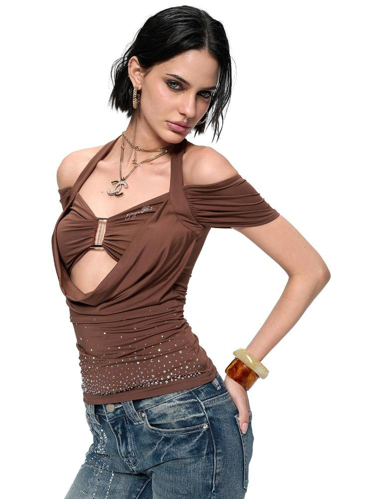 Y2K Strap Top With Draped Neckline & Gradient Rhinestones