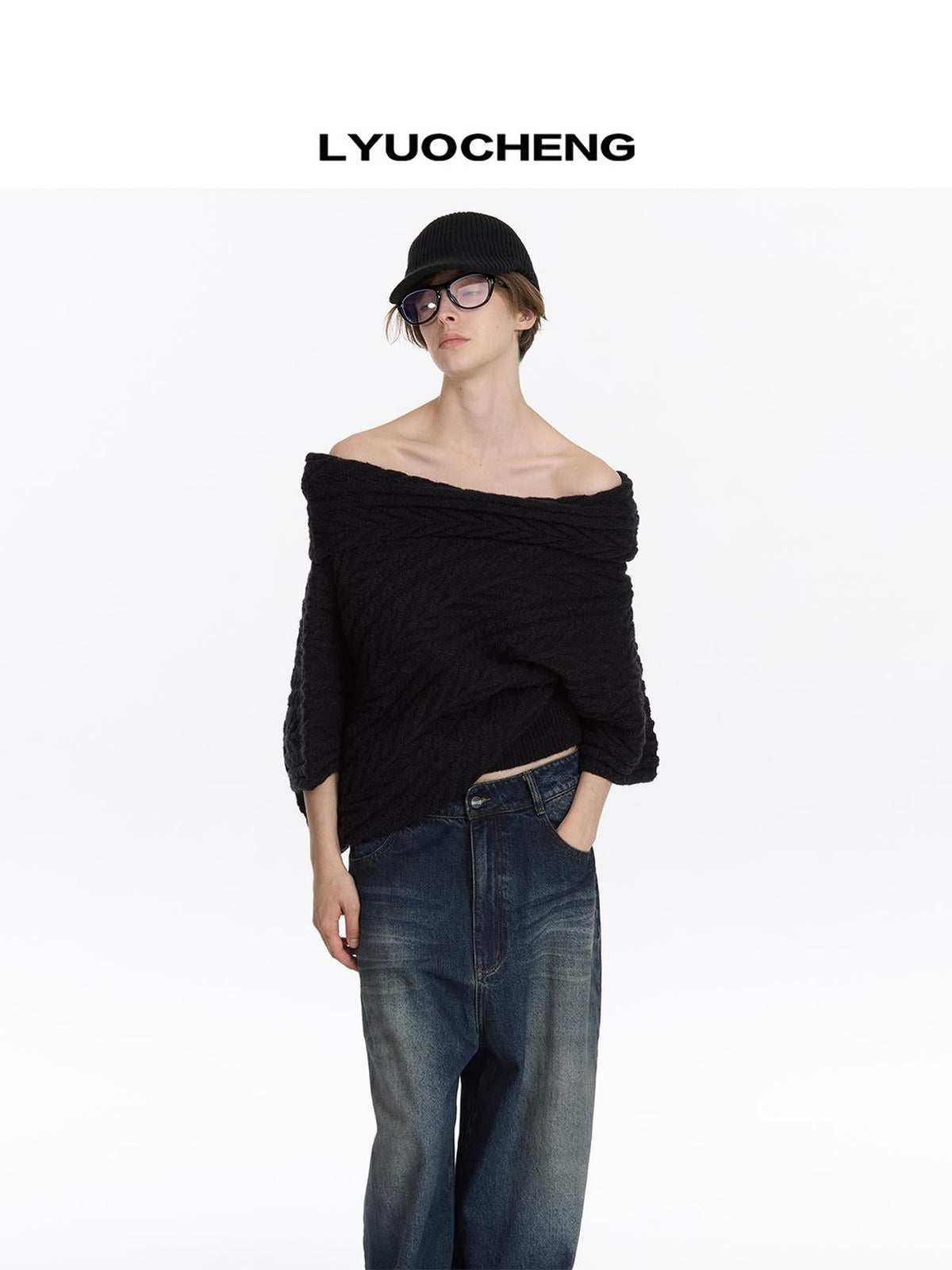 Asym Collar Drop Shoulder Knit Sweater