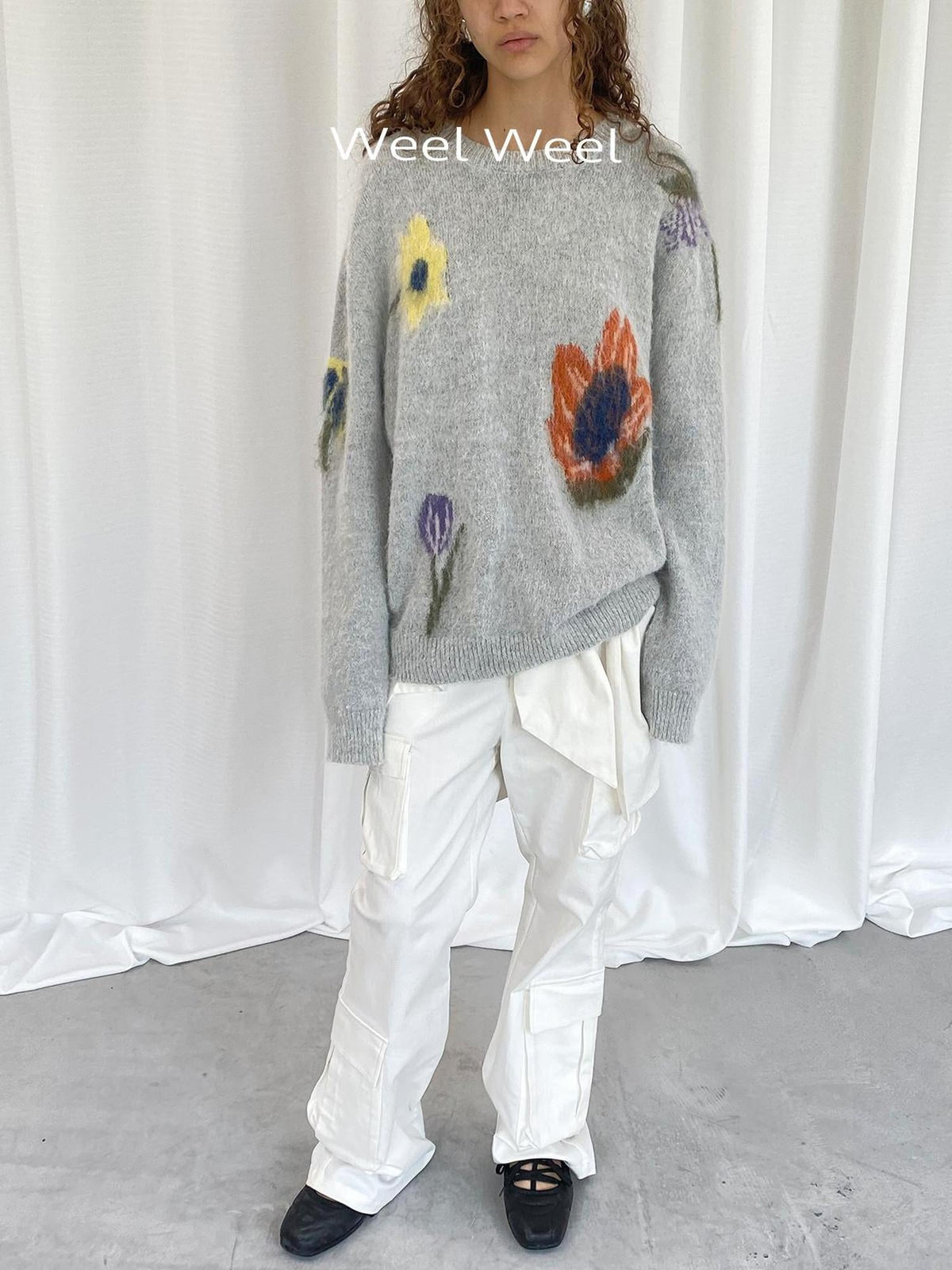 Grey Floral Knit Sweater