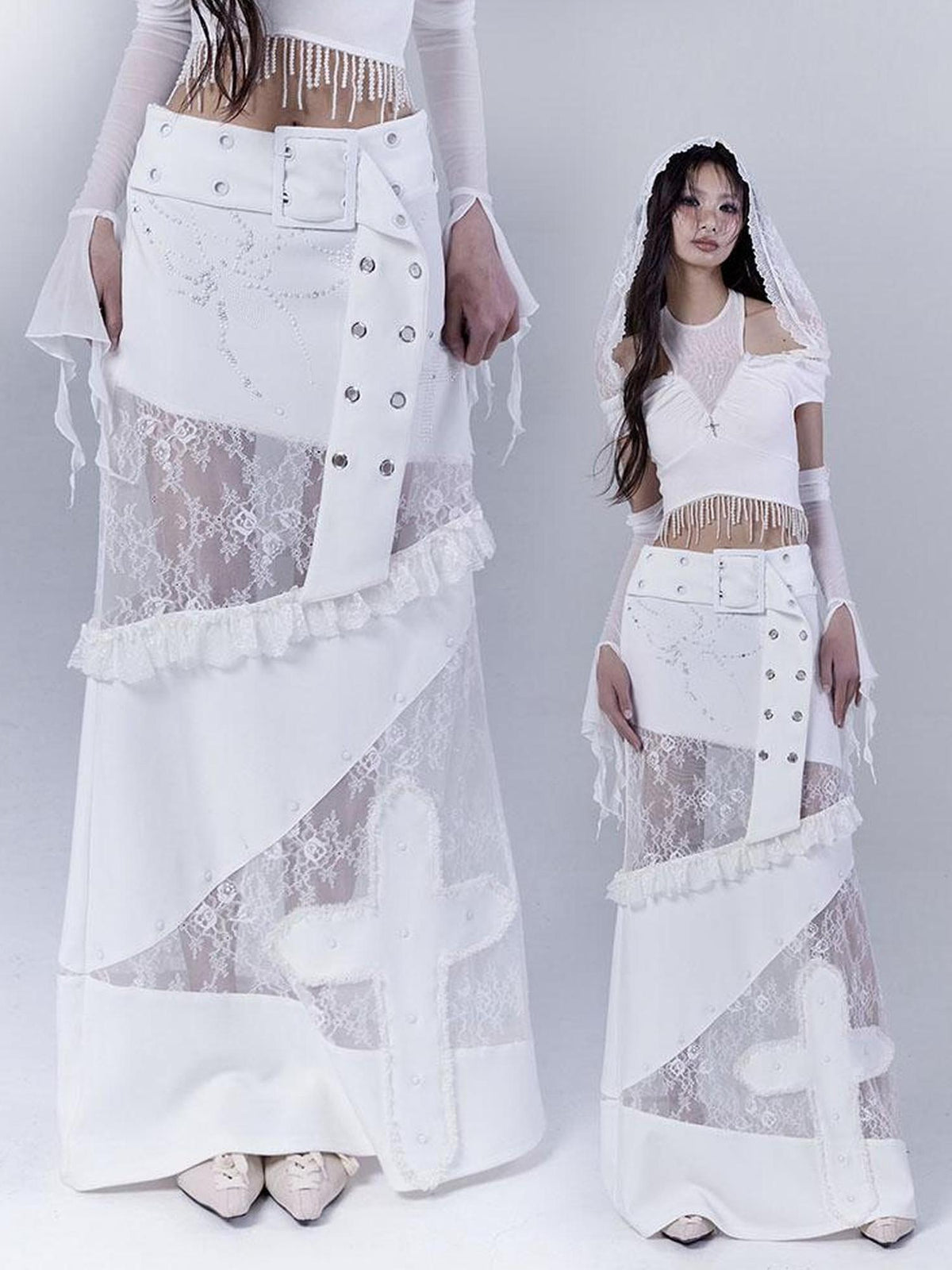 Lace Patched Punk Silhouette Slit Maxi Dress