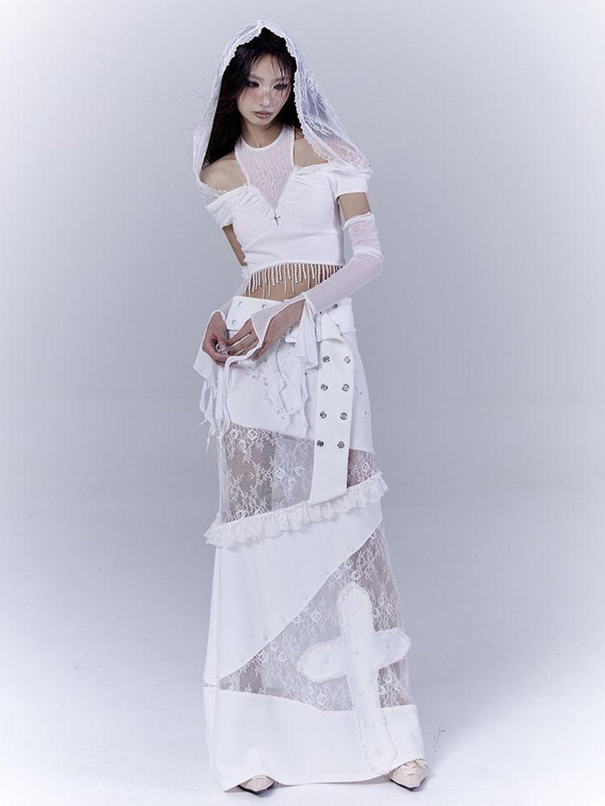 Lace Patched Punk Silhouette Slit Maxi Dress