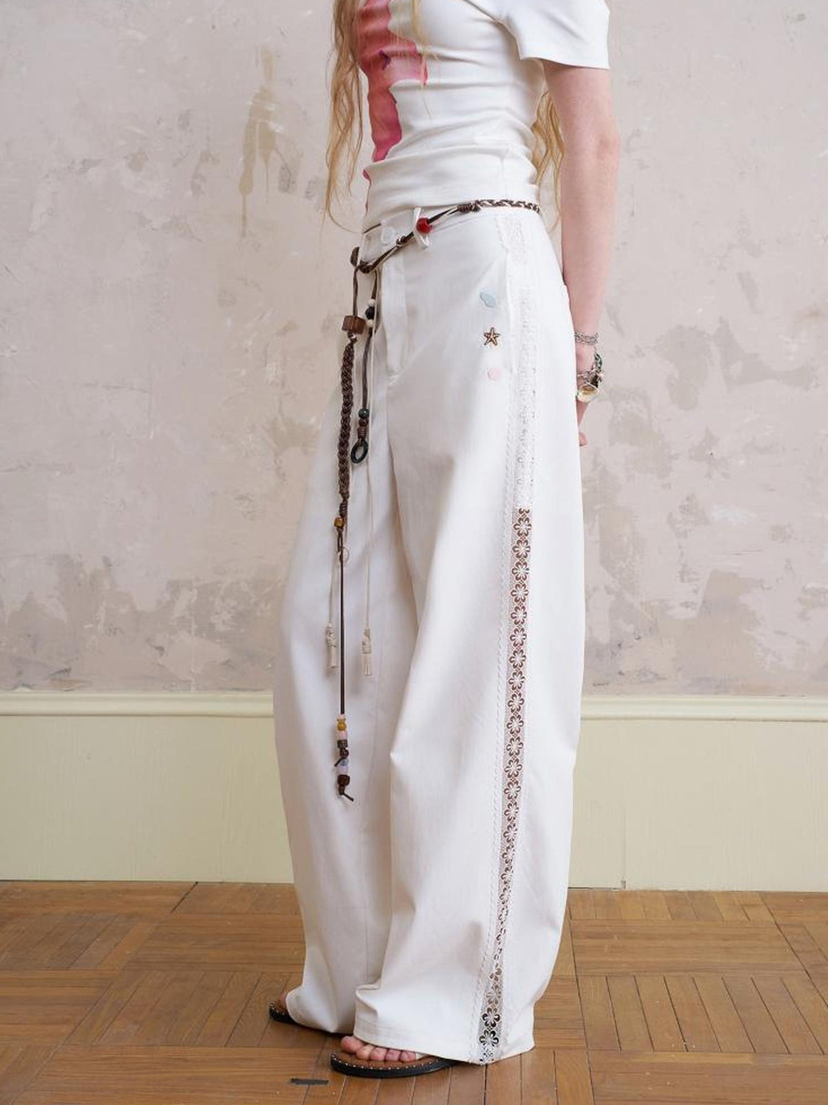 Lace Trimmed Relaxed Wide Leg Pants