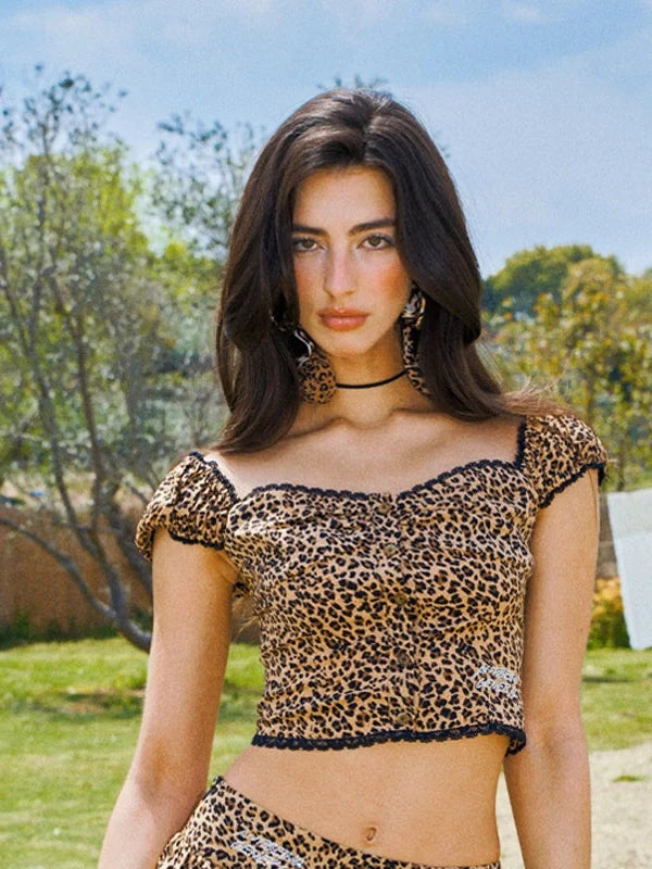 Sexy Retro Leopard Print Backless V-neck T-shirt Long-Sleeve Cake Dress Set