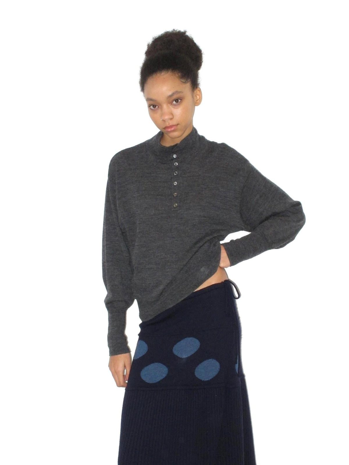 Soft Pure Merino Casual Loose Batwing Stand Collar Button Knit Women Sweater