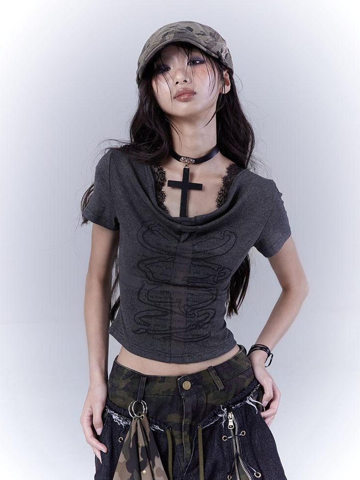 Mysterious Messenger Grey Cutout Cross Lace Tee