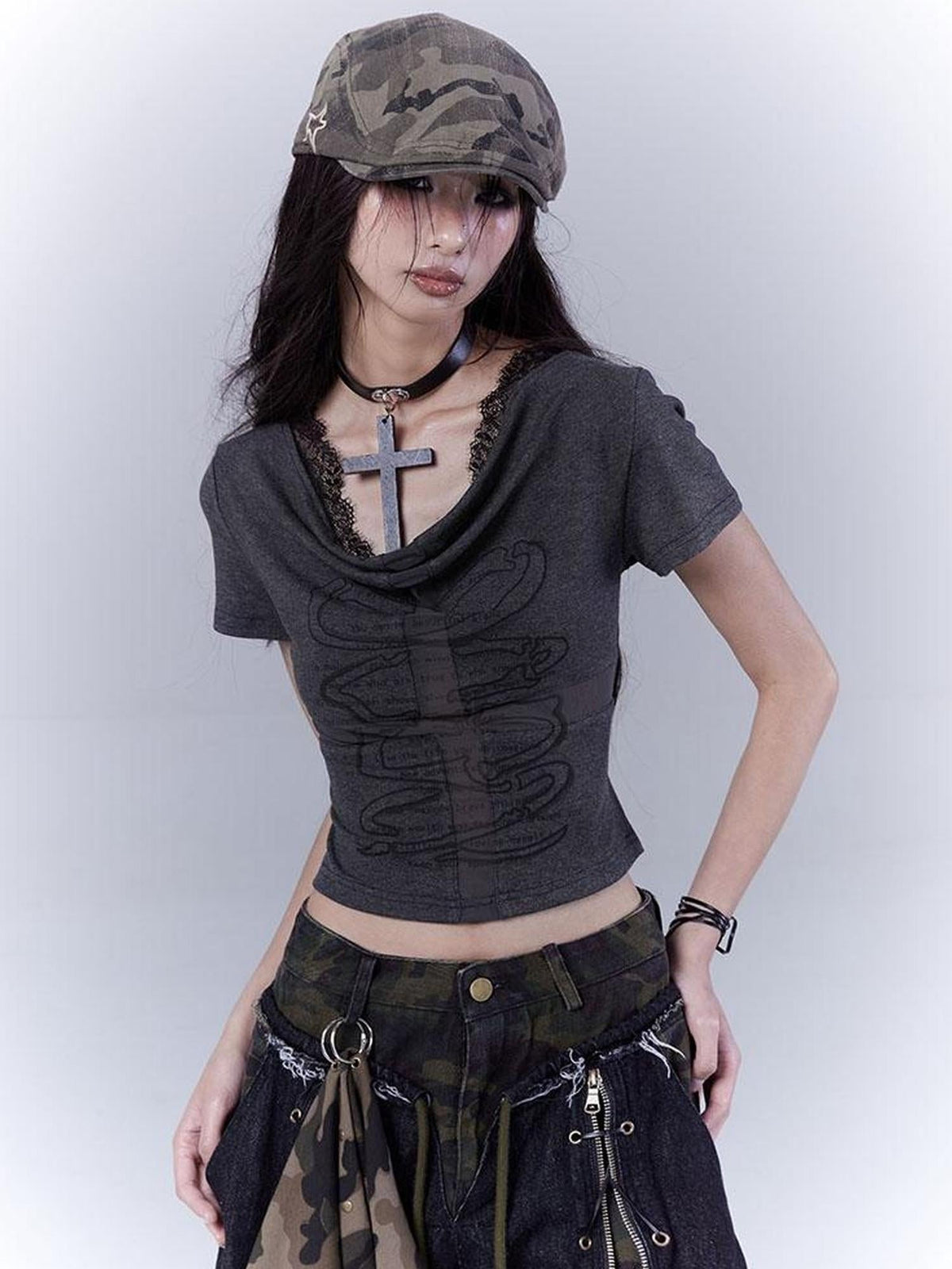 Mysterious Messenger Grey Cutout Cross Lace Tee