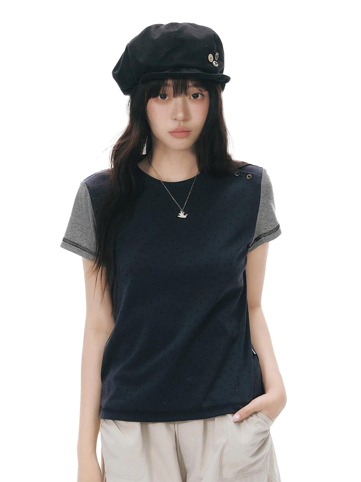 Allover Animal Colorblock Diagonal Placket Knit Women'S Short Sleeve T-Shirts