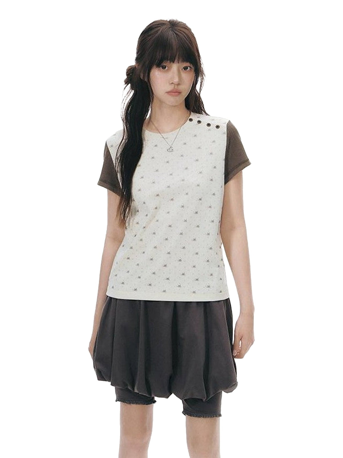 Allover Animal Colorblock Diagonal Placket Knit Women'S Short Sleeve T-Shirts