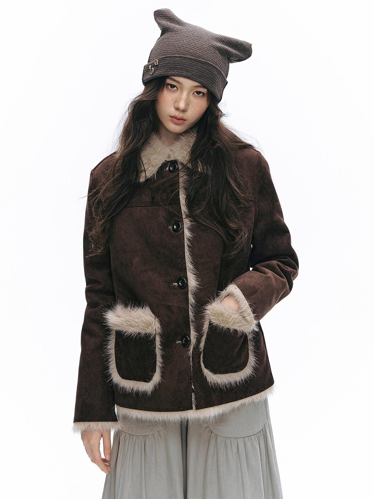 Color Block Faux Fur Lined Straight Fit Women's Suede Casual Jackets