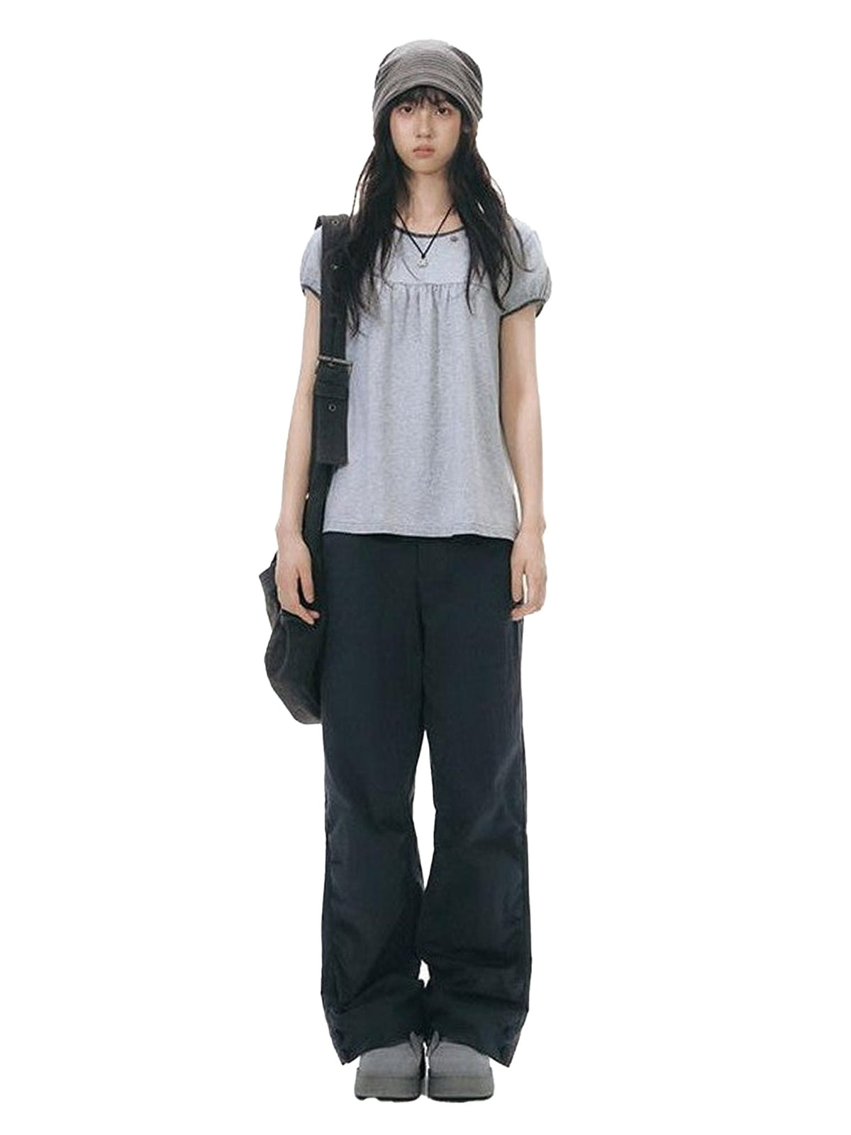 Deep Blue Split Pinch Pleat Button Slit Low Waist Women'S Straight-Leg Pants