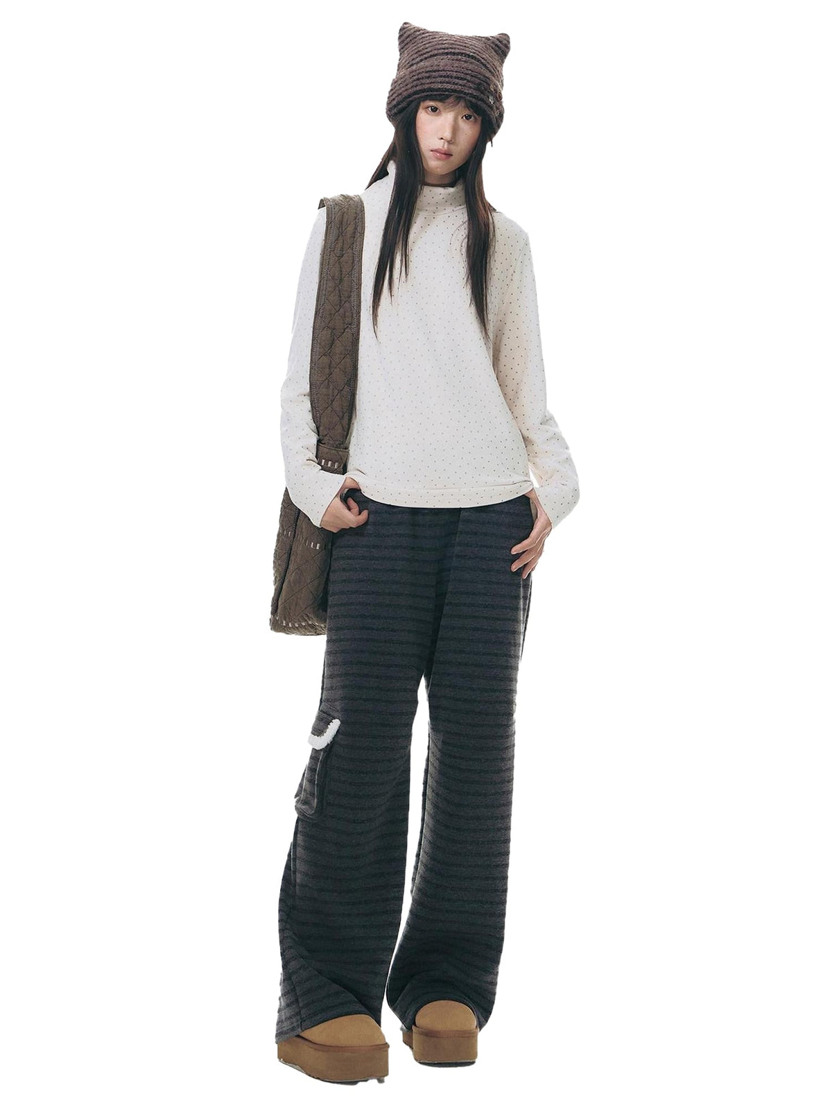 Grey Striped Spliced Plush Waistband Pocket Women'S Polyester Sweatpants