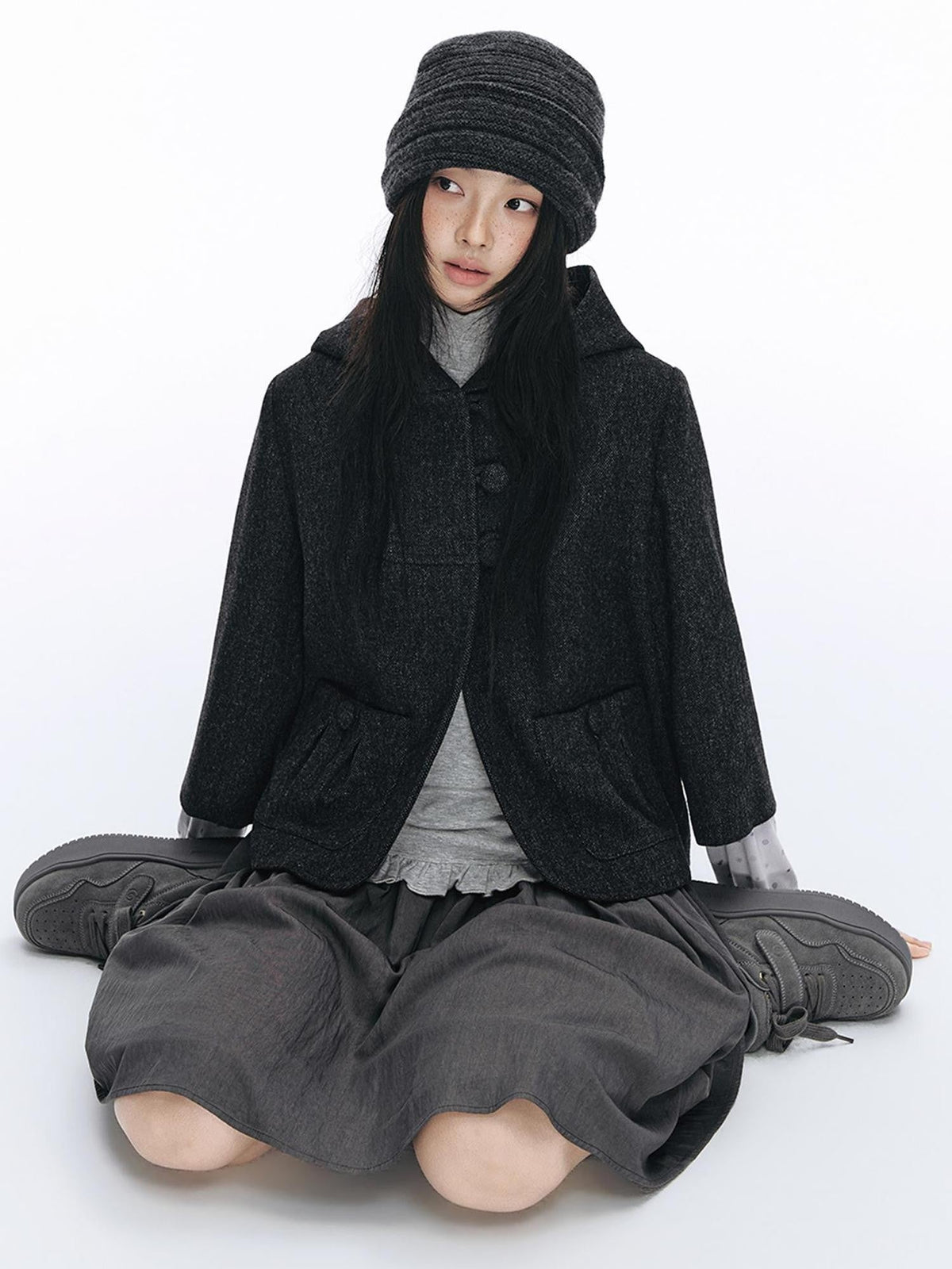 Hooded Seven Sleeve Loose Fit Sweet Women's Wool Blend Short Coats