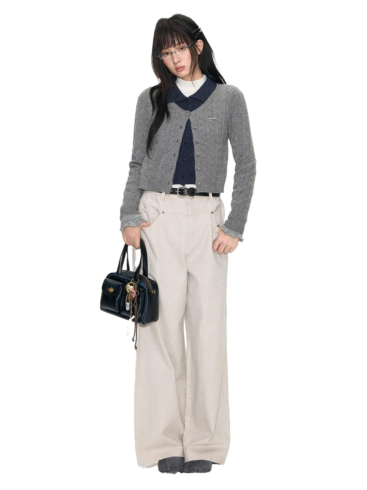 Navy Contrast Mock Two Piece Polo Collar Twist Cable Women'S Cable-Knit Sweaters