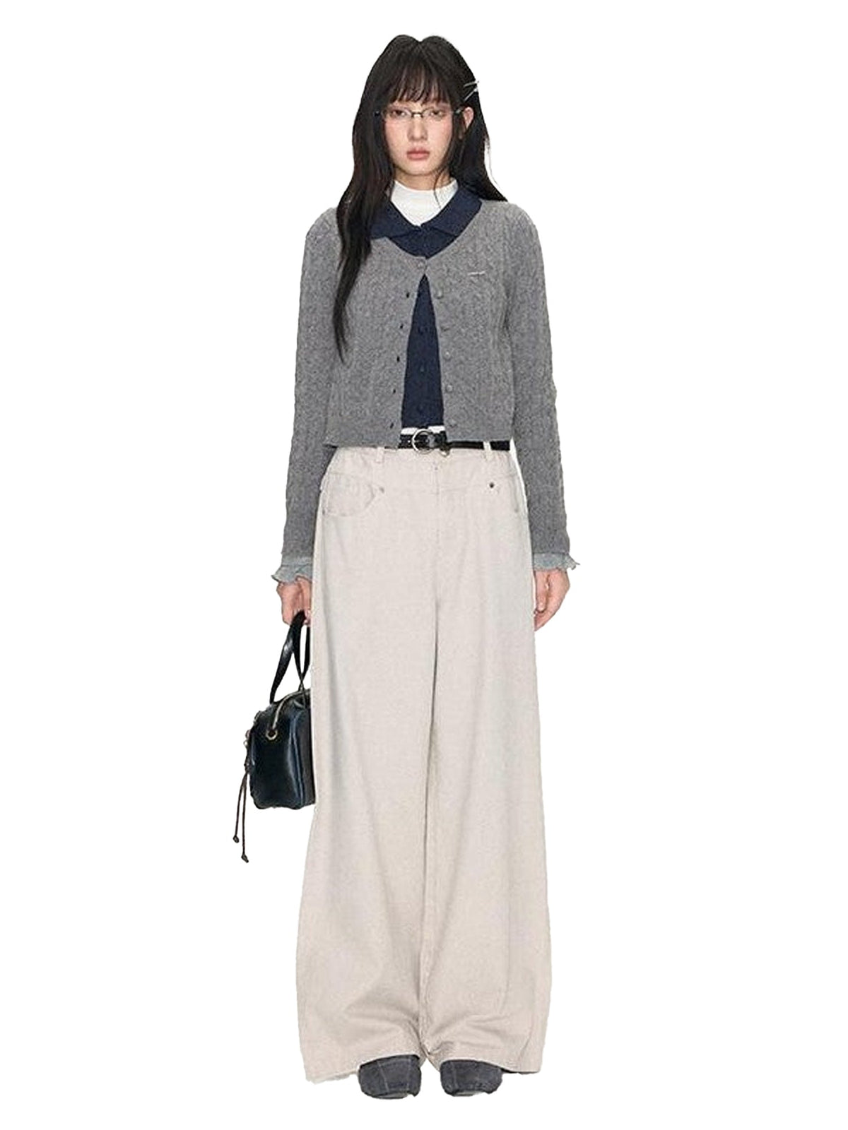 Navy Contrast Mock Two Piece Polo Collar Twist Cable Women'S Cable-Knit Sweaters