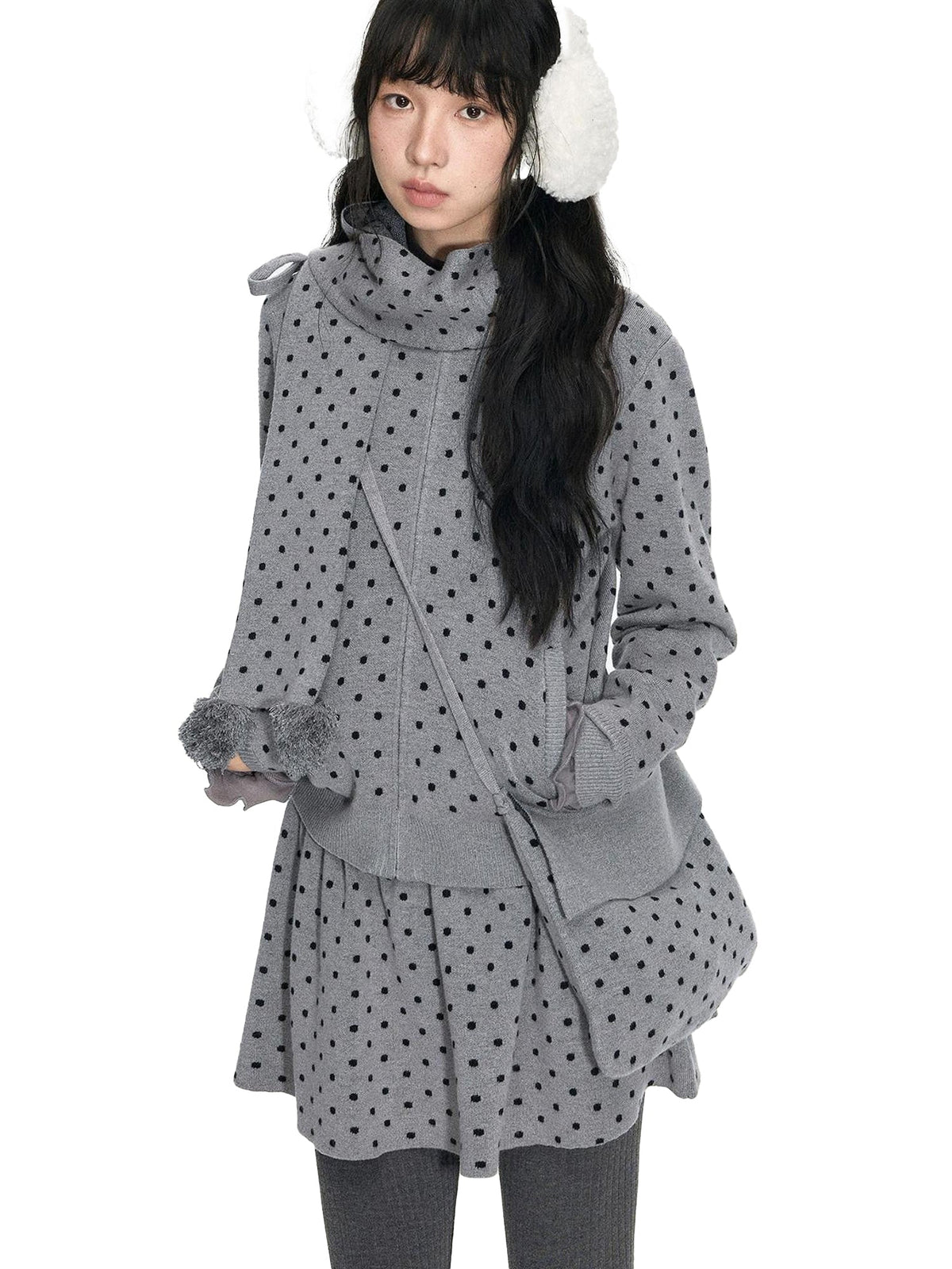 Polka Dot Pom Pom Knitted Double Layer Women'S Viscose Blend Scarves & Shawls