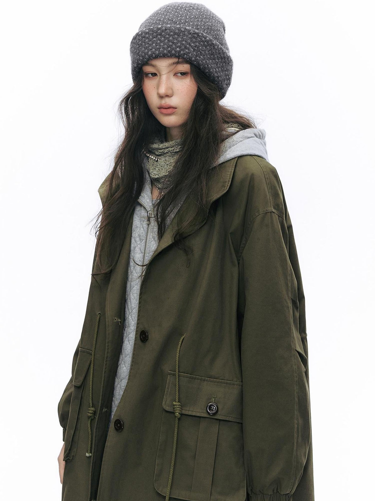 Quilted Floral Print Faux Layered Hooded Women's Cotton Utility Jackets