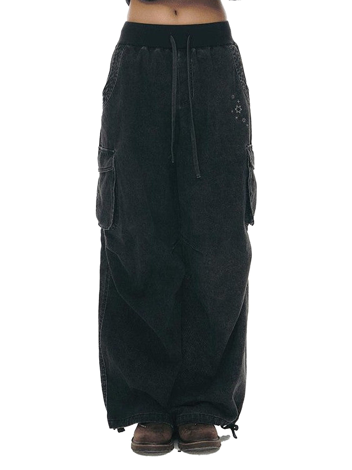 Stonewash Embroidered High Waist Women'S Cotton Wide-Leg Pants