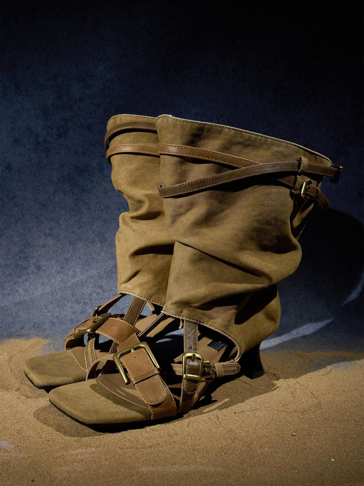 Pleated Ruching Slouchy Open Toe High Heel Women's Canvas Mid-calf Boots