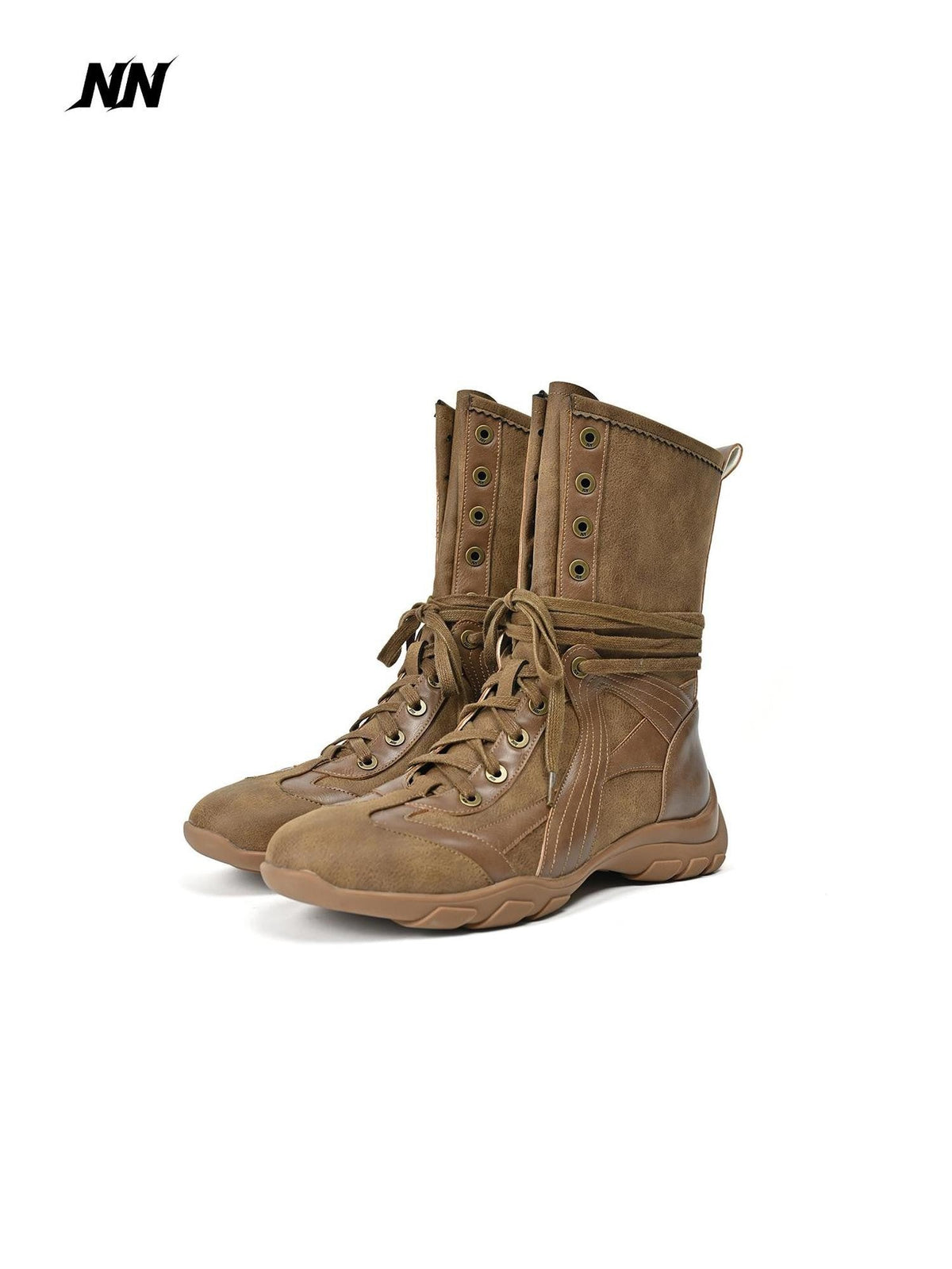 Pointed Toe Lace Up Panelled Synthetic Leather Women's Mid-calf Boots