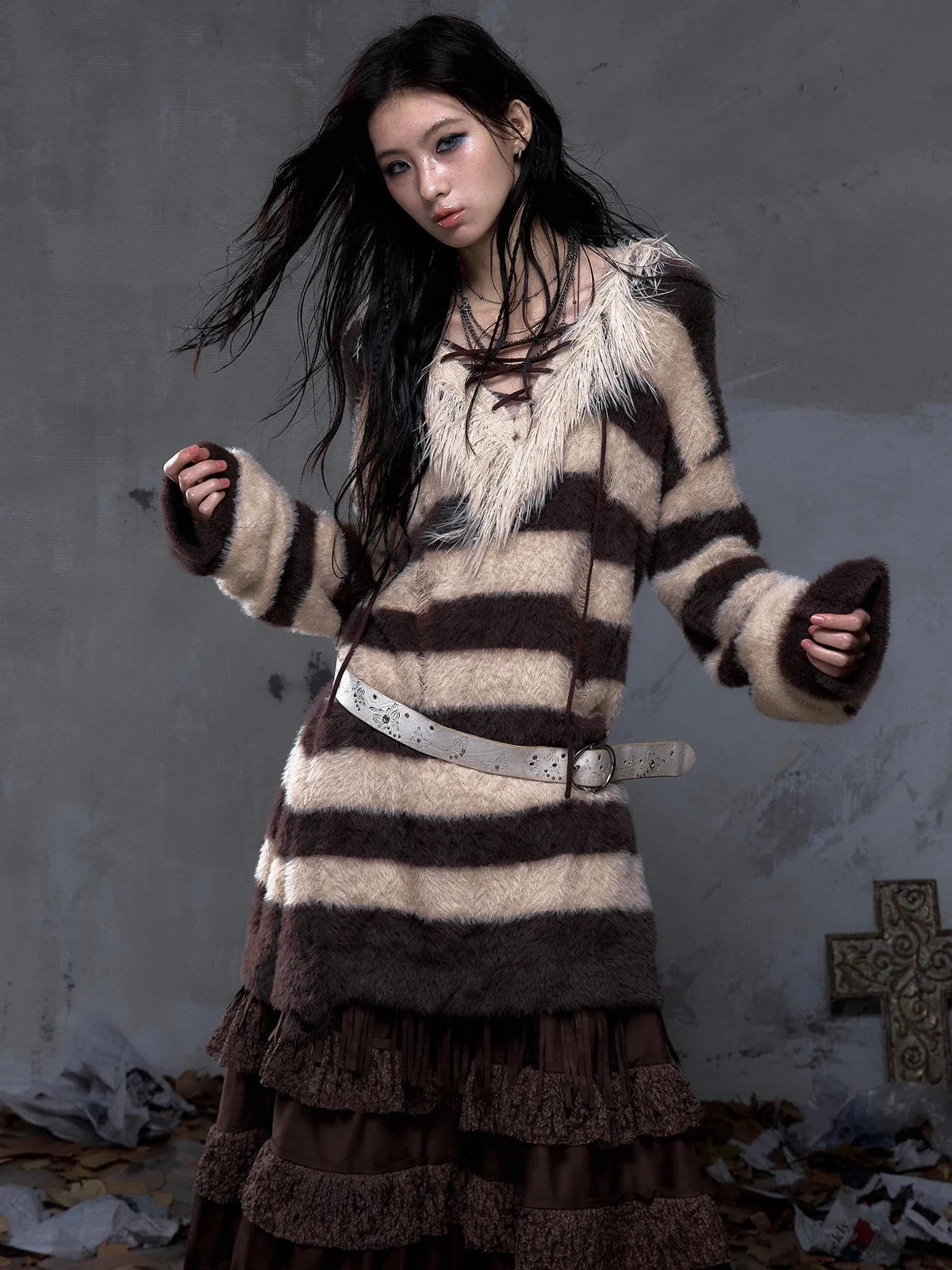 Distressed Striped Oversized Pullover Long Sleeve Vintage Women Knit Sweater
